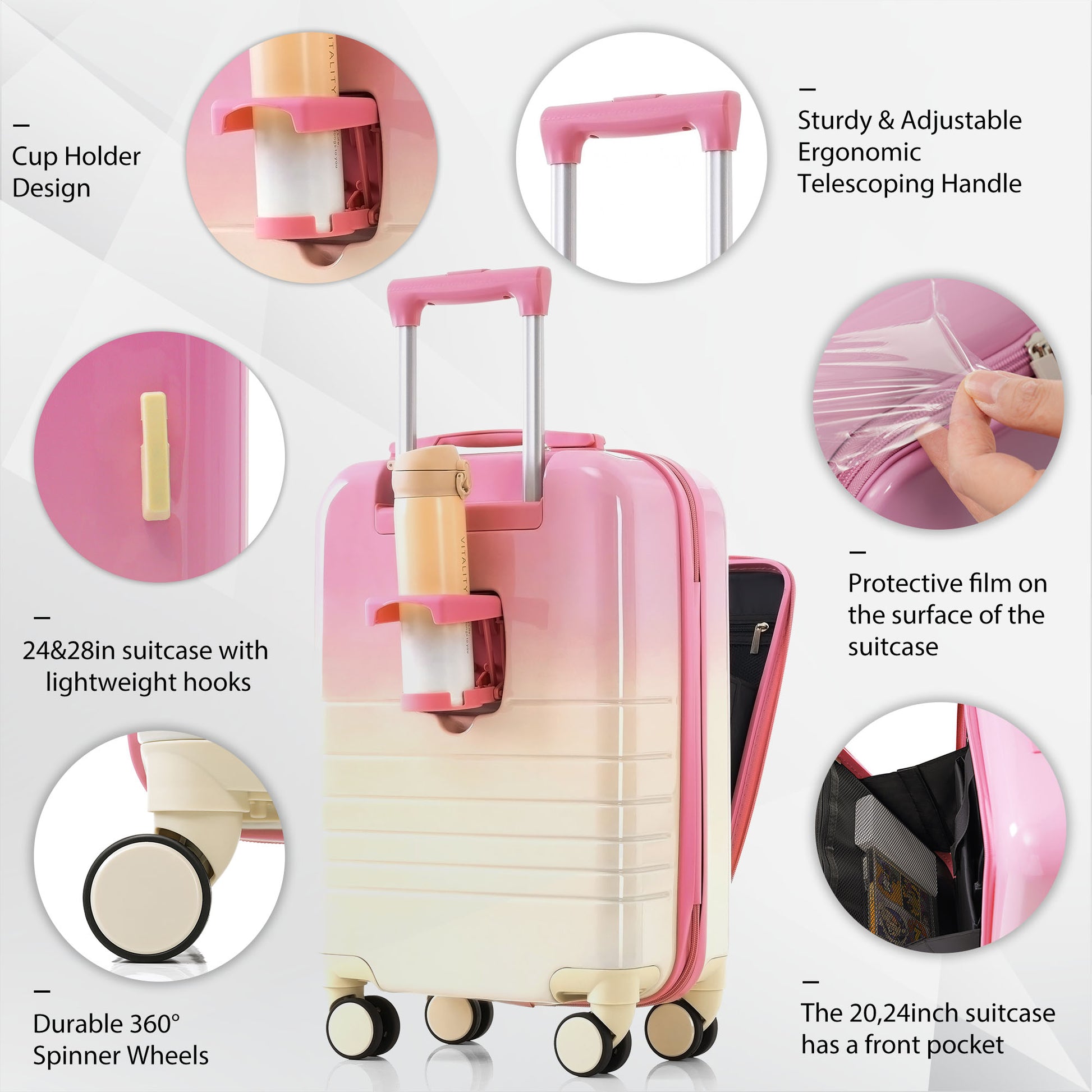Pink ombre suitcase with convenient cup holder for travel