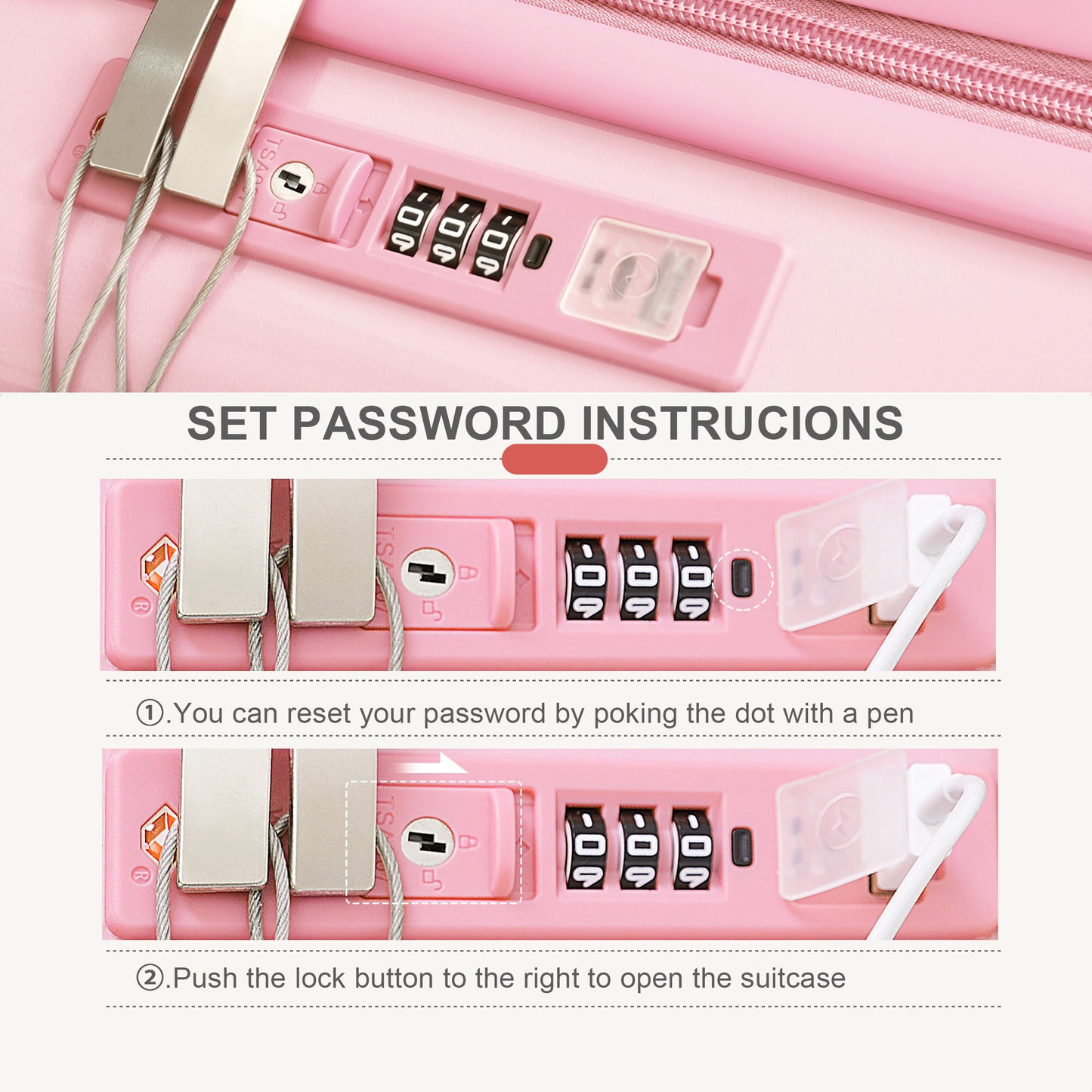 Pink TSA lock with three combination dials and metal cable loops for luggage security
