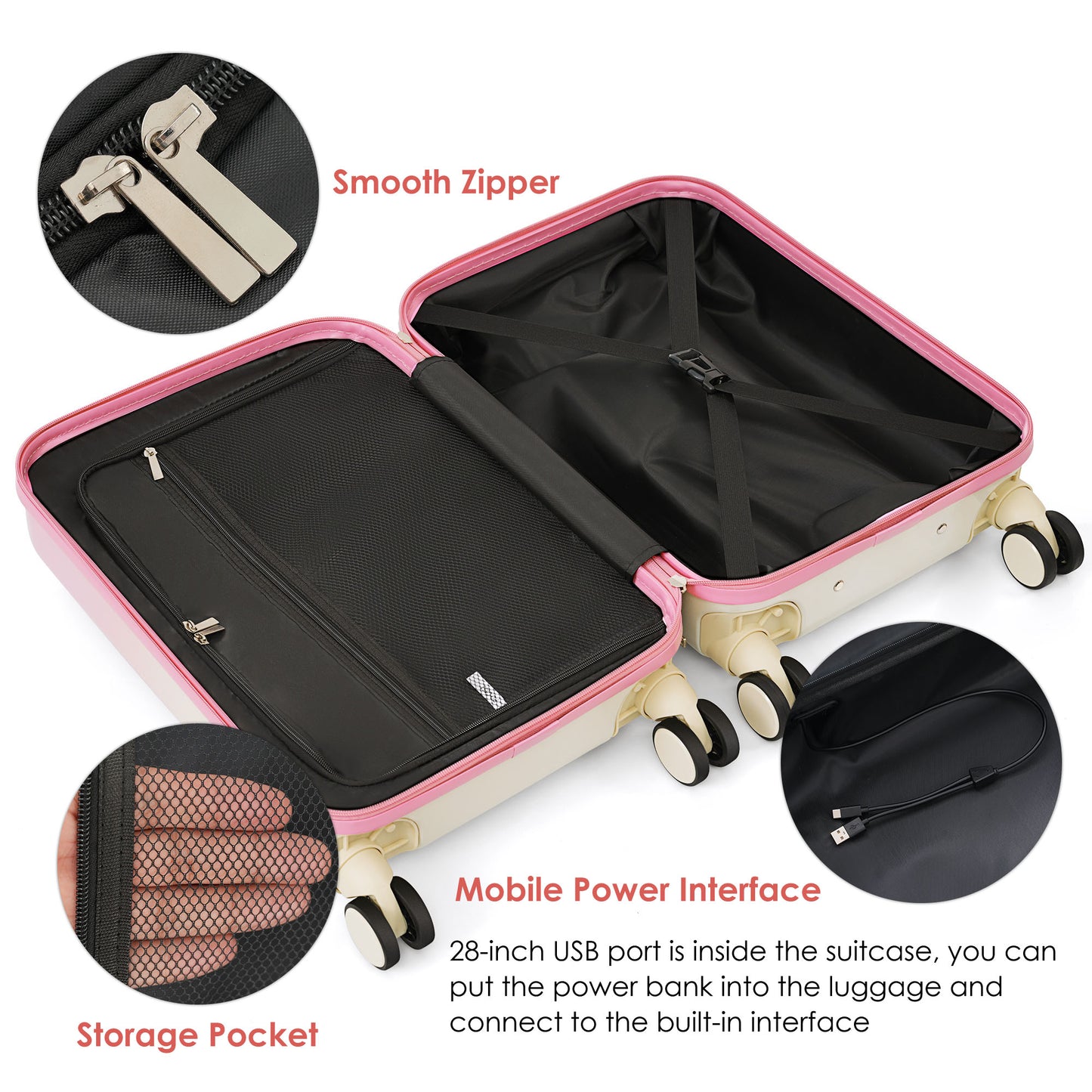 Open cream and pink inch suitcase showcasing interior storage with smooth zipper detail