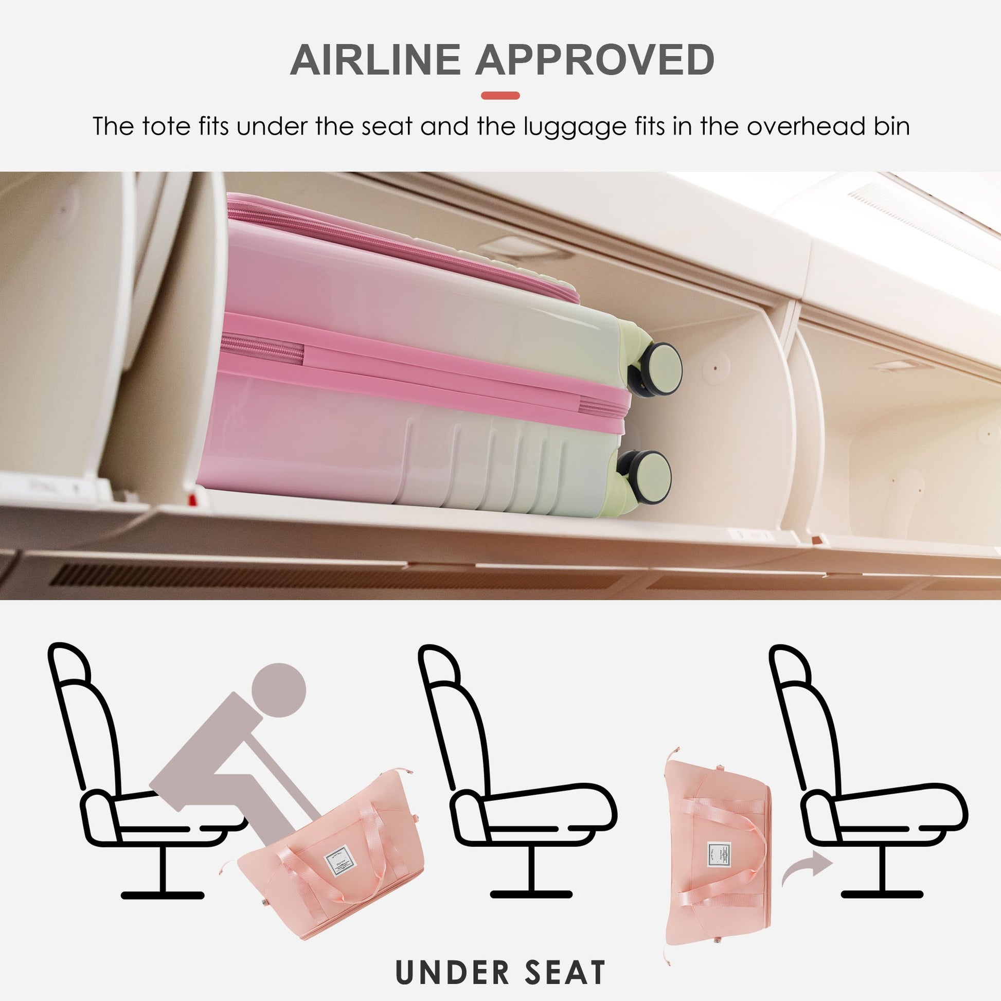Pink airlineapproved travel tote bag placed under airplane seat showcasing its compact size for travel