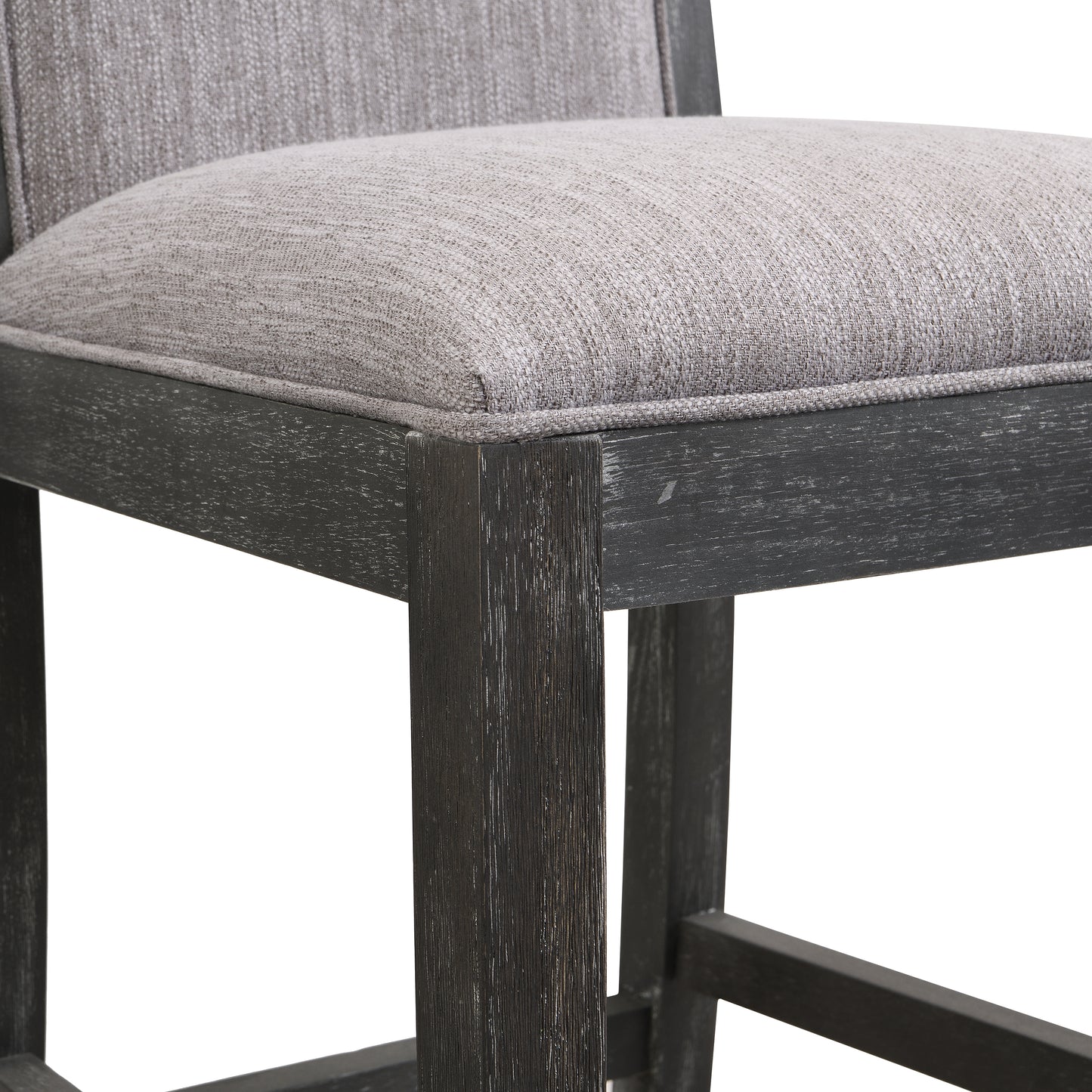 Textured grey fabric seat and back on a dark stained wooden frame bar stool