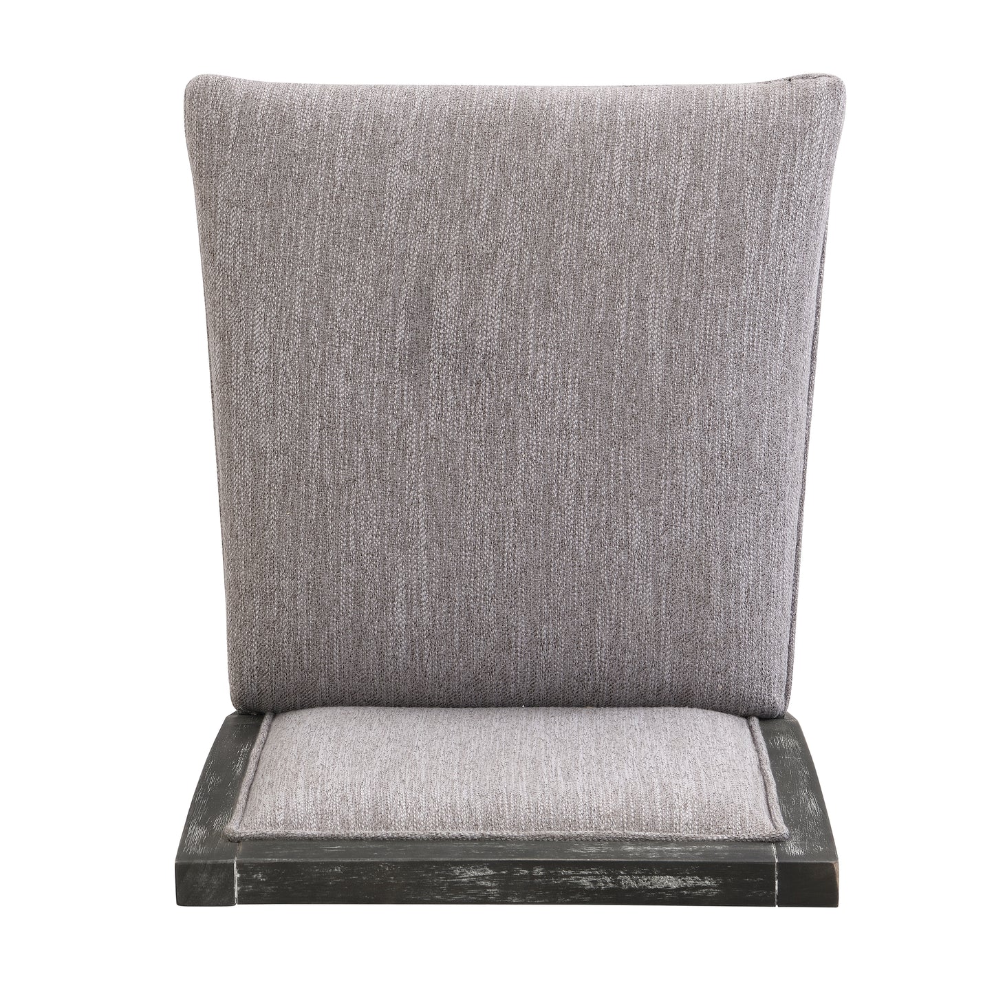 Textured grey fabric dining chair with distressed dark wood frame