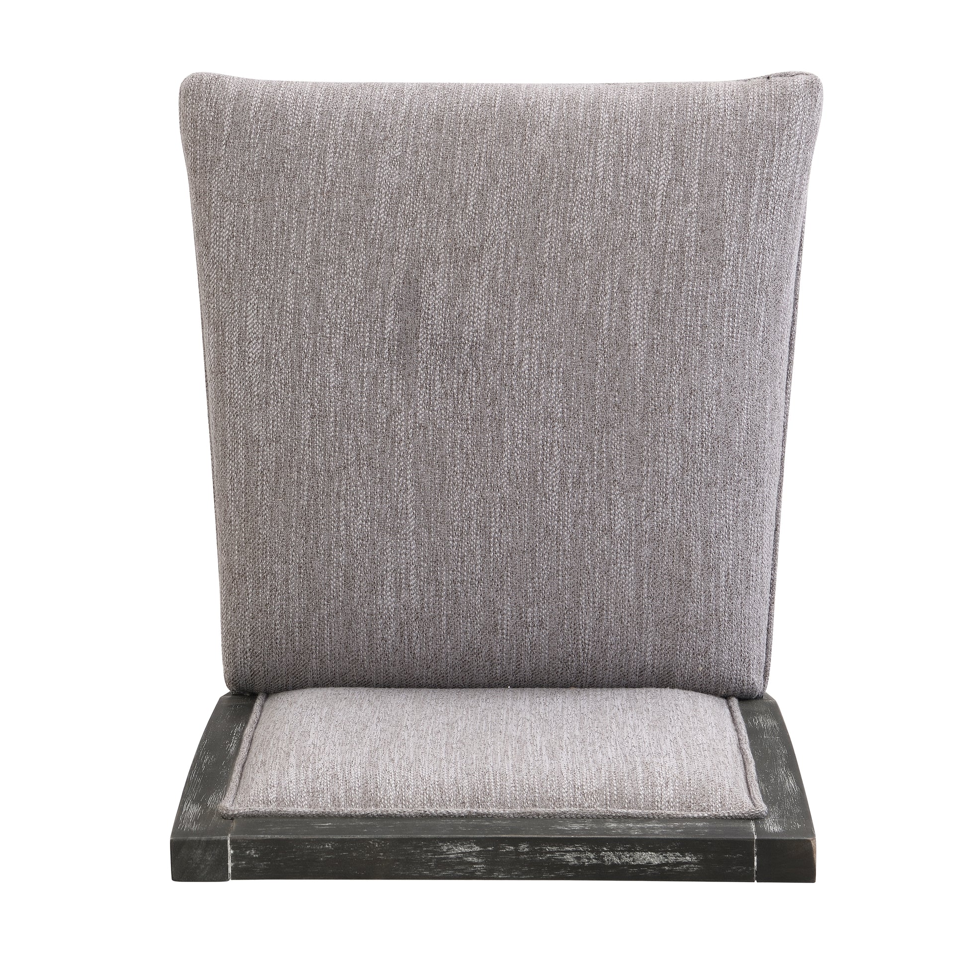 Textured grey fabric dining chair with distressed dark wood frame