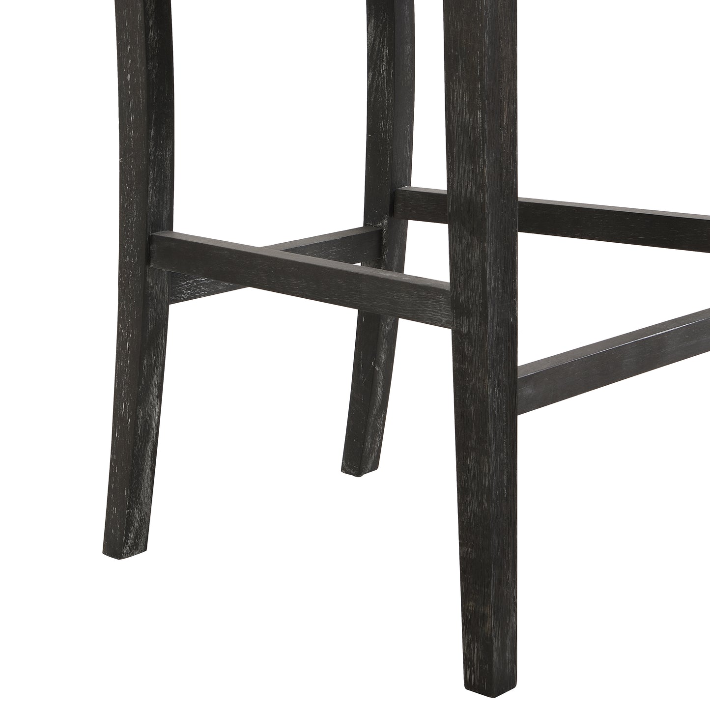 Closeup of dark stained wood bar stool legs with crossbars