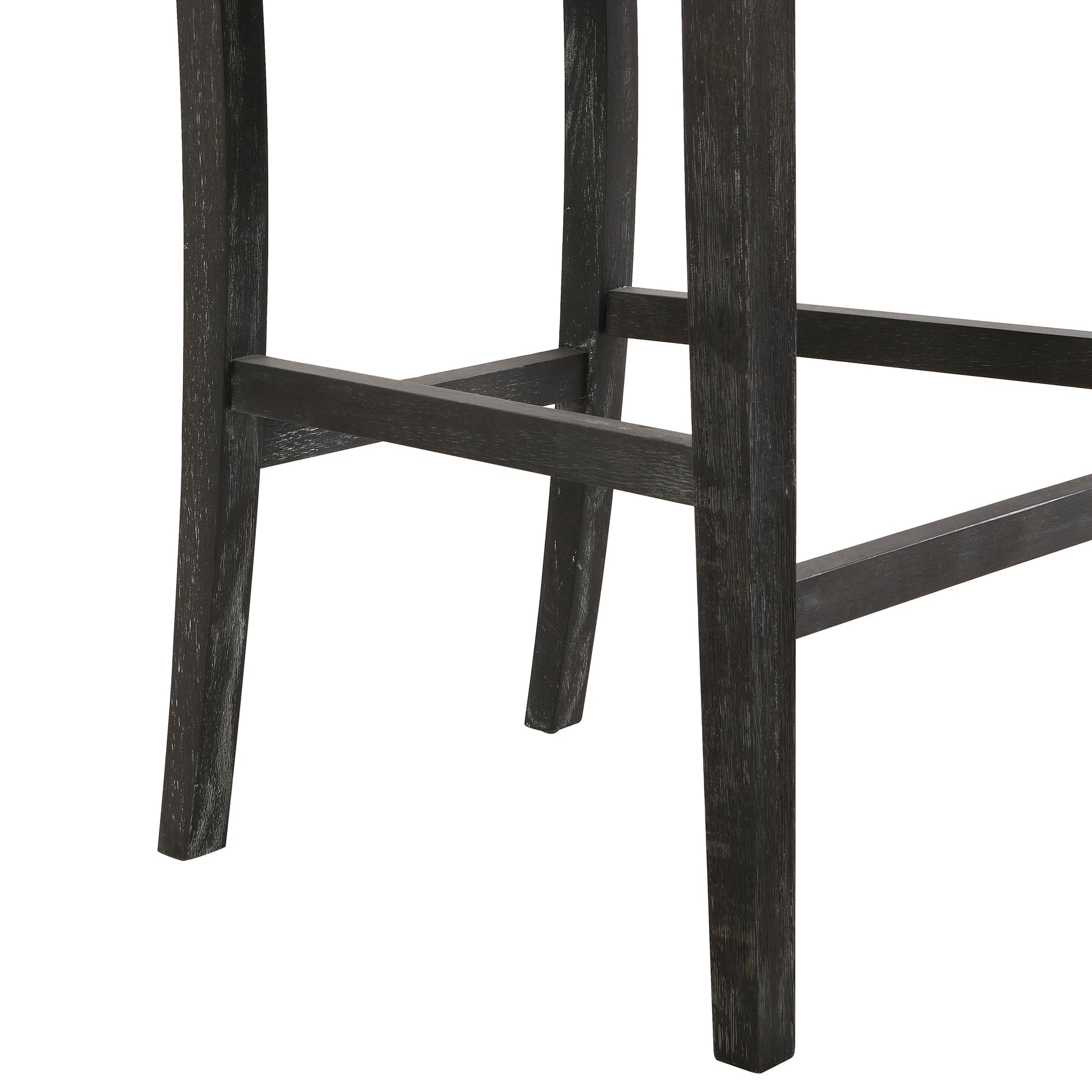 Closeup of dark stained wood bar stool legs with crossbars