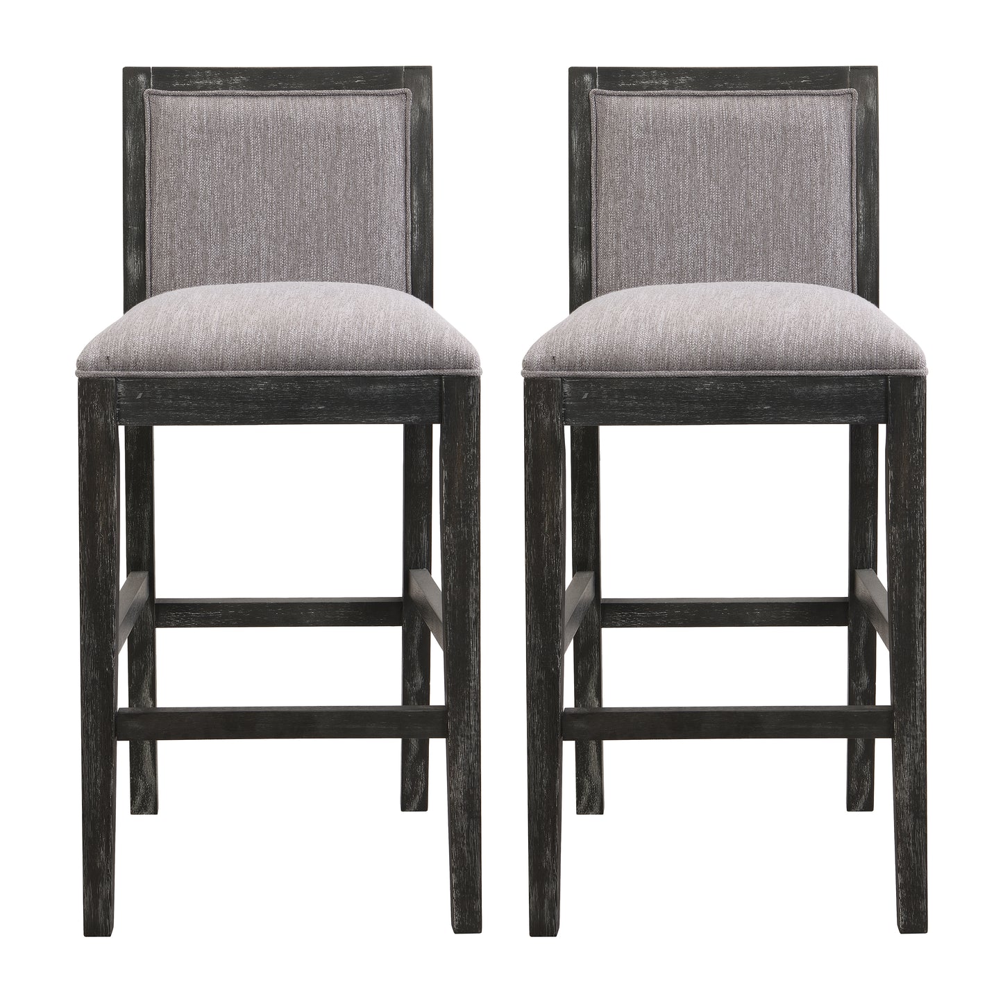 Two grey fabric upholstered counter stools with dark distressed wood frames
