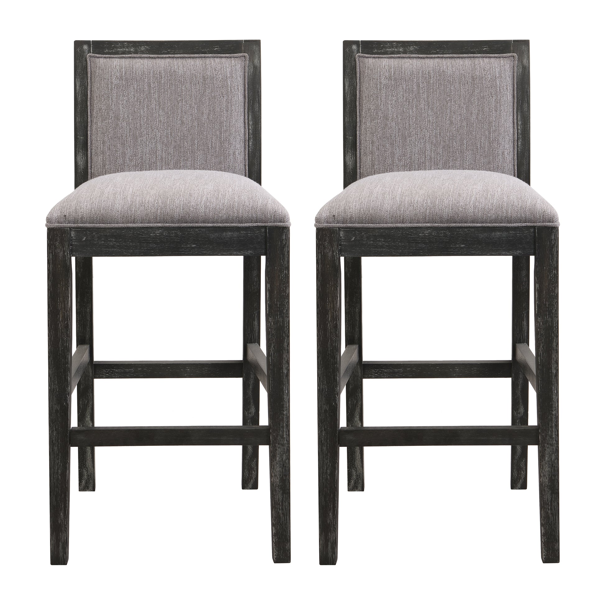 Two grey fabric upholstered counter stools with dark distressed wood frames
