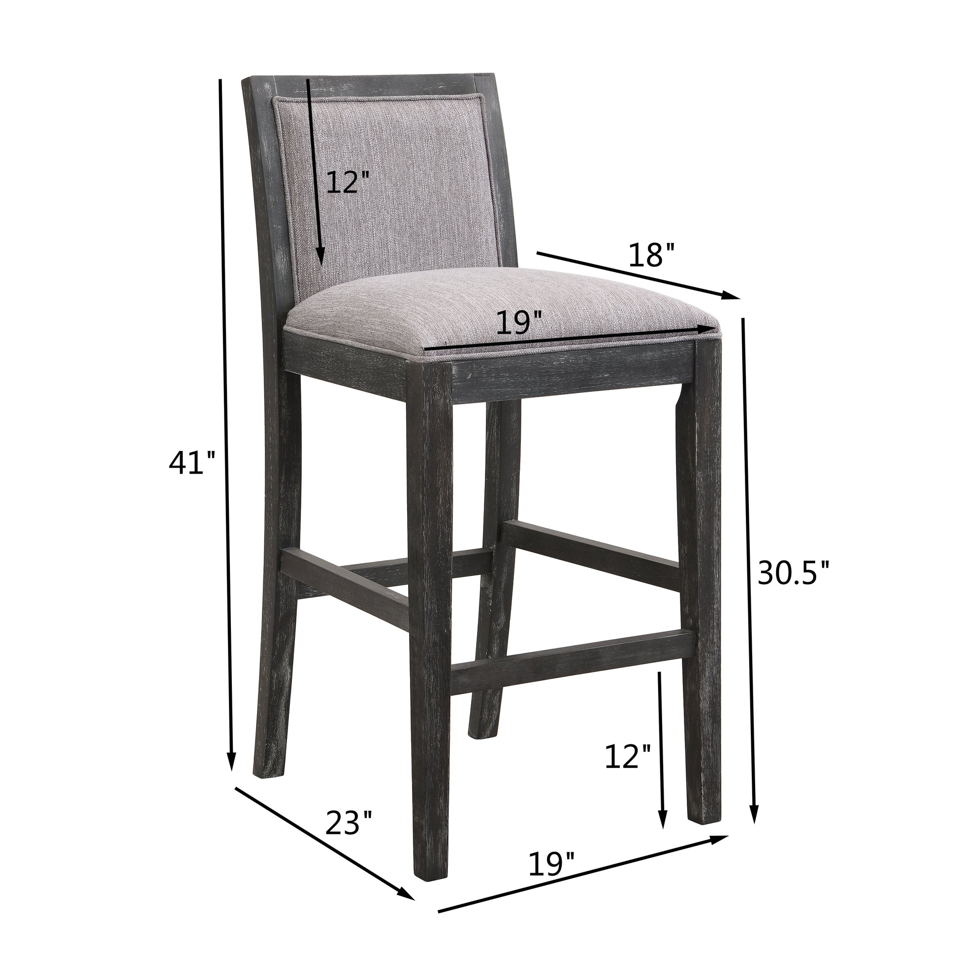 Dark gray wood frame counter stool with light gray textured seat and backrest