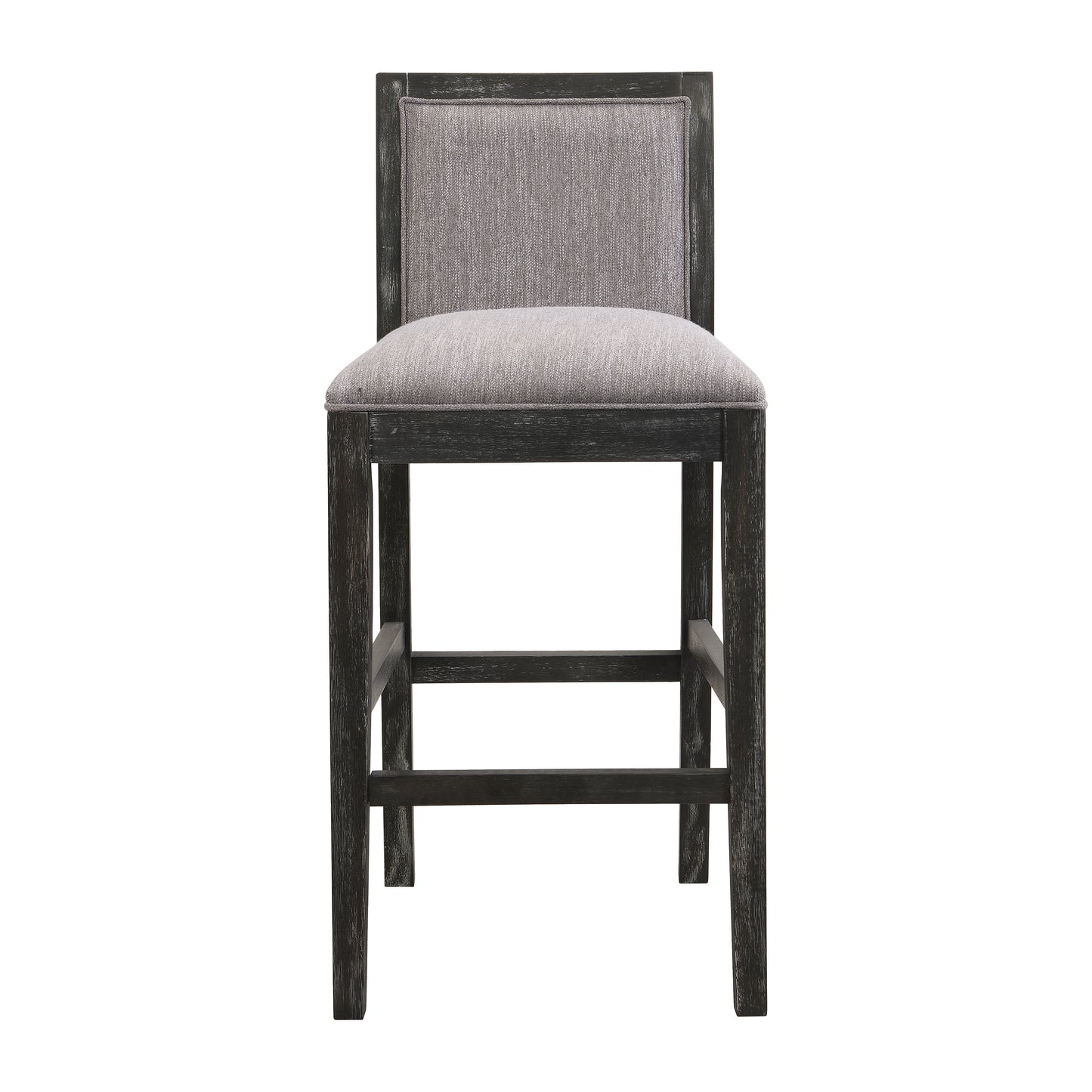 Modern grey upholstered bar stool with distressed dark wood frame