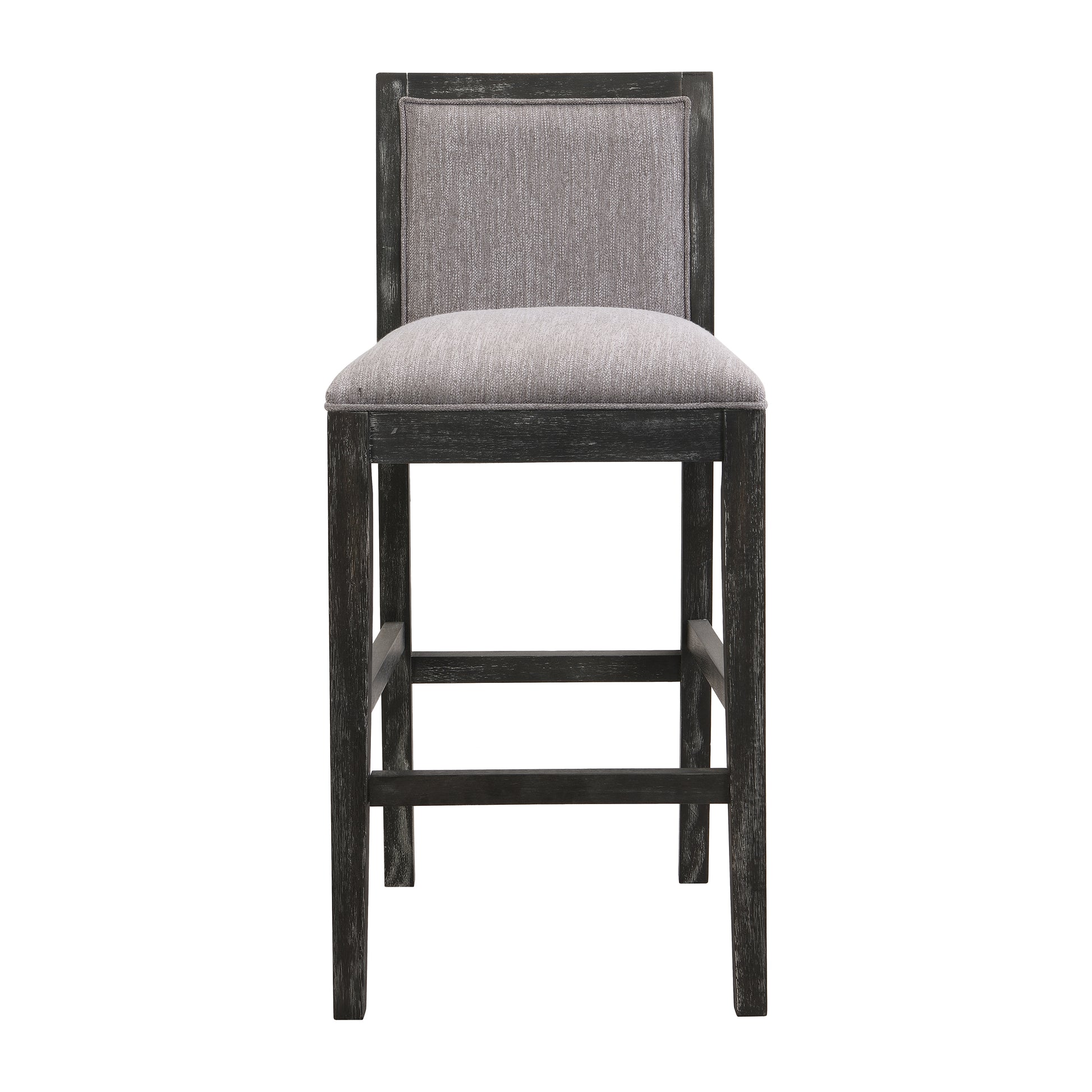 Modern grey upholstered bar stool with distressed dark wood frame