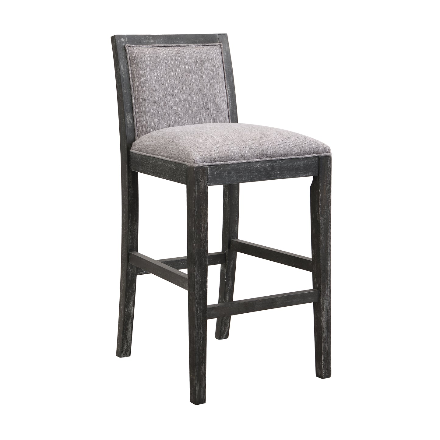 Dark grey wooden bar stool with textured grey upholstered seat and backrest