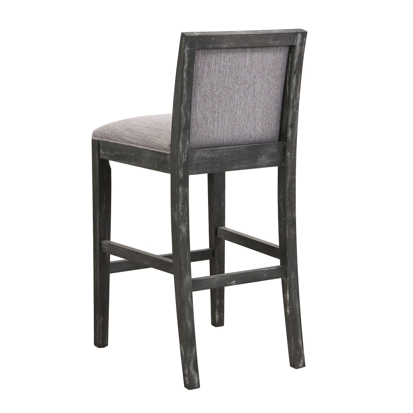 Grey upholstered bar stool with distressed charcoal wood frame