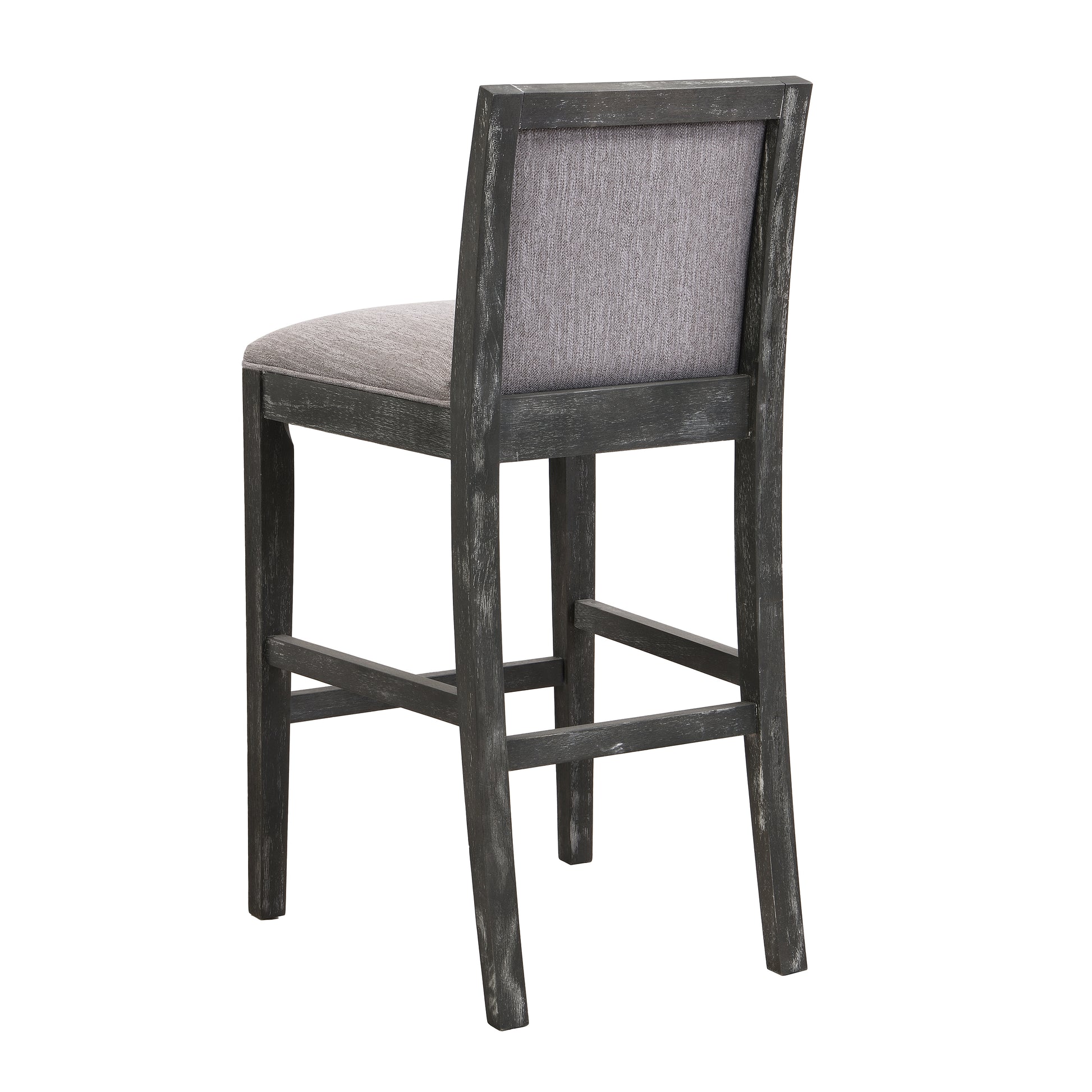 Grey upholstered bar stool with distressed charcoal wood frame