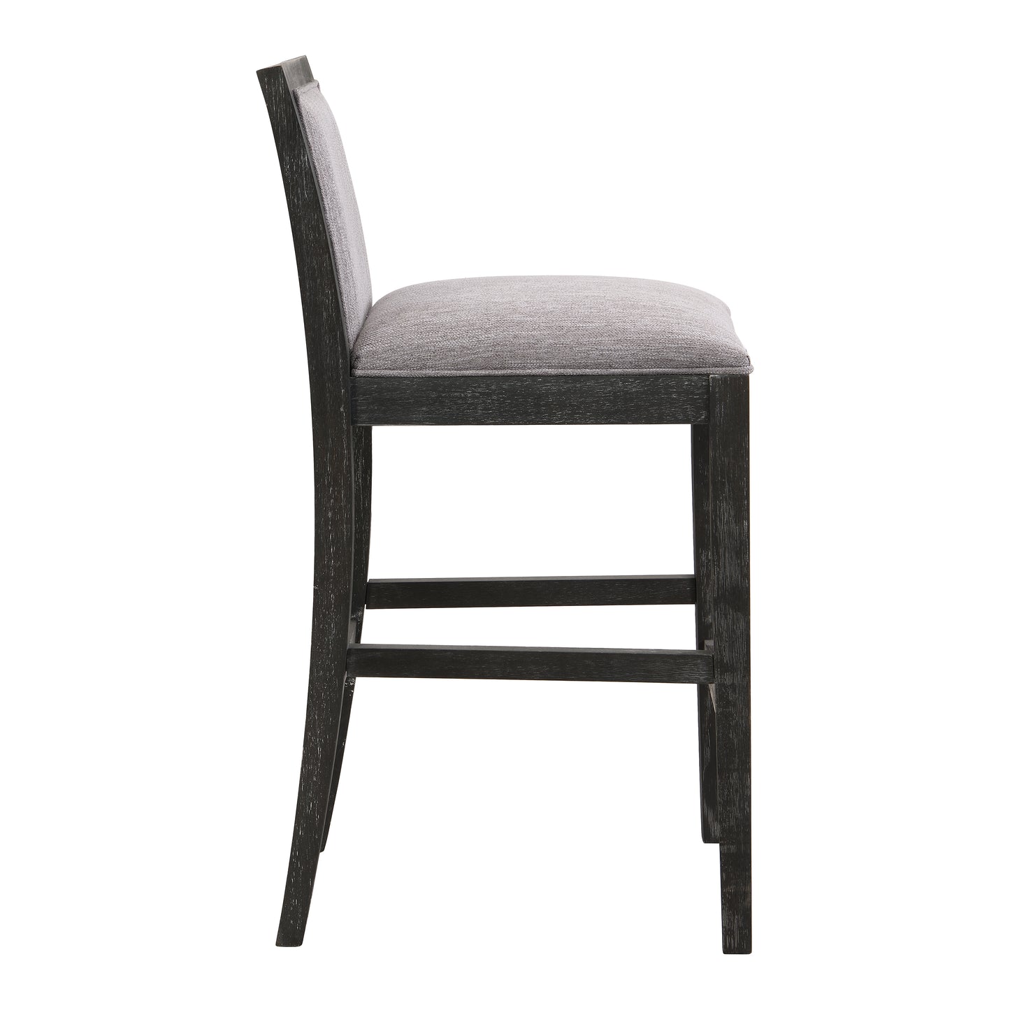 Dark wood bar stool with gray fabric seat and back modern design