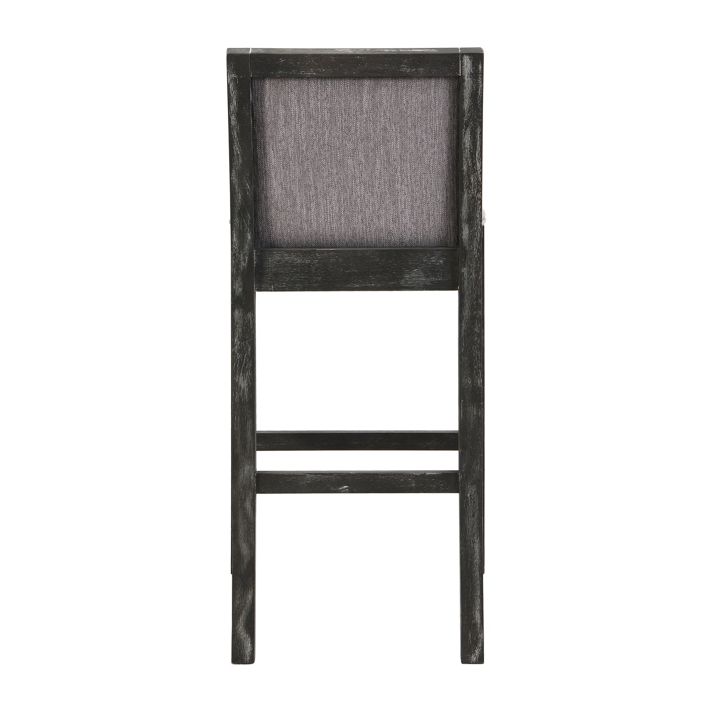 Back view of a distressed dark gray wooden bar stool with a textured gray fabric seat