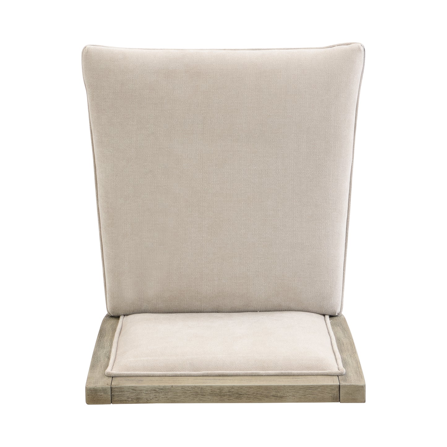 Beige upholstered dining chair with a light oak wood base