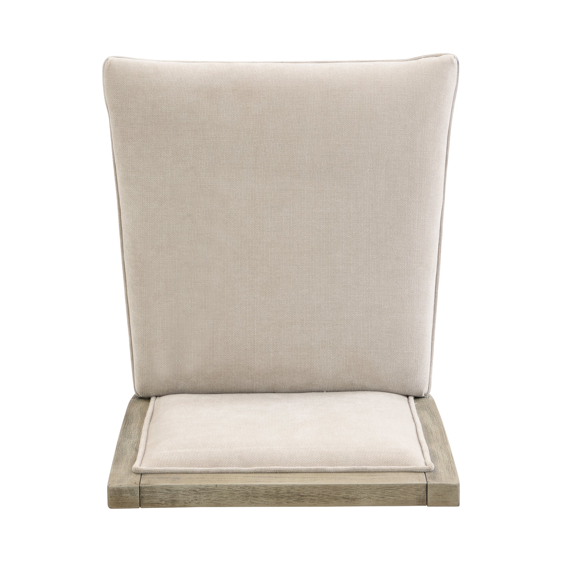 Beige upholstered dining chair with a light oak wood base