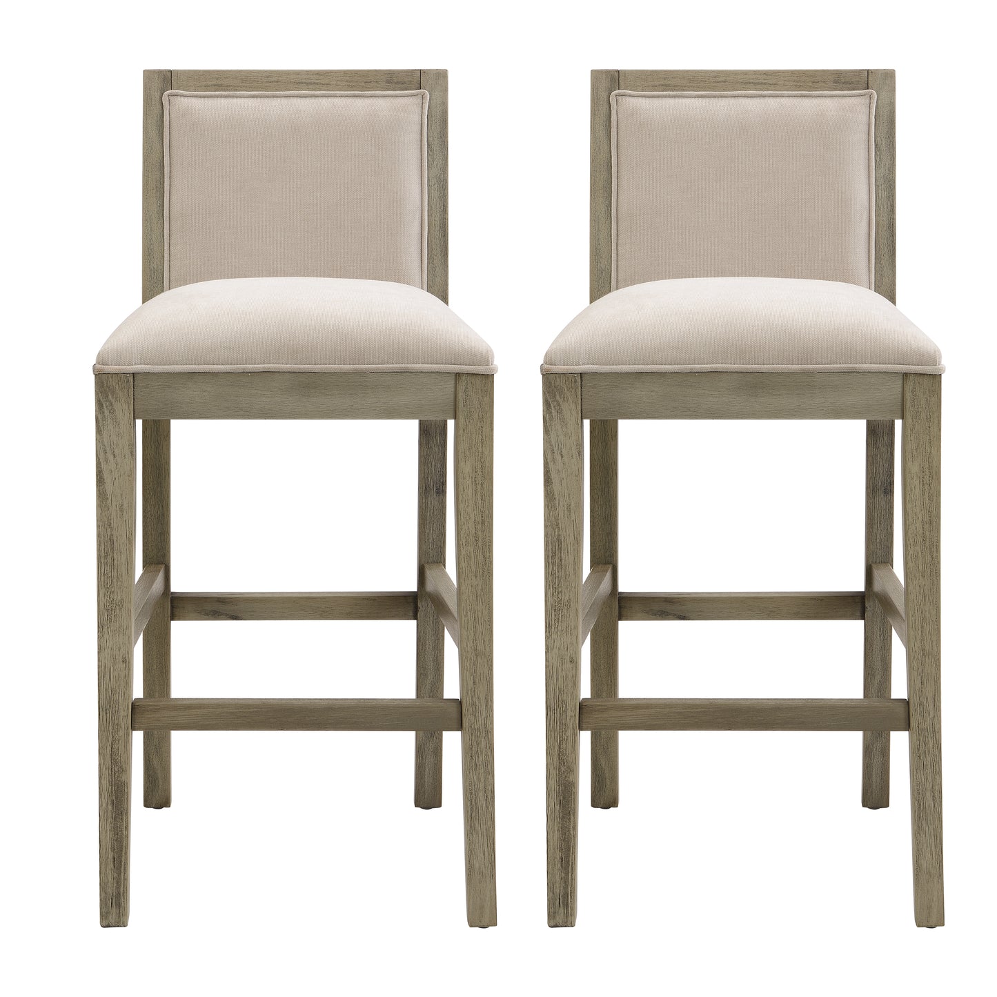 Pair of light beige upholstered counter stools with distressed gray wood frames and footrests