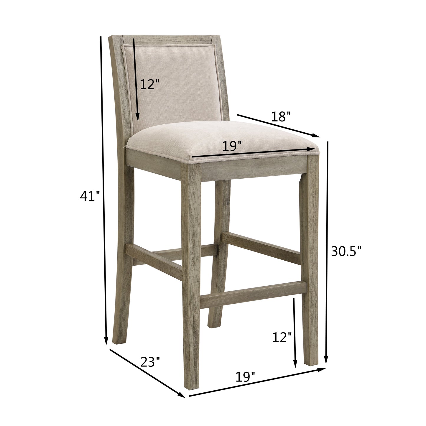 Grey wooden bar stool with a light beige upholstered seat and back
