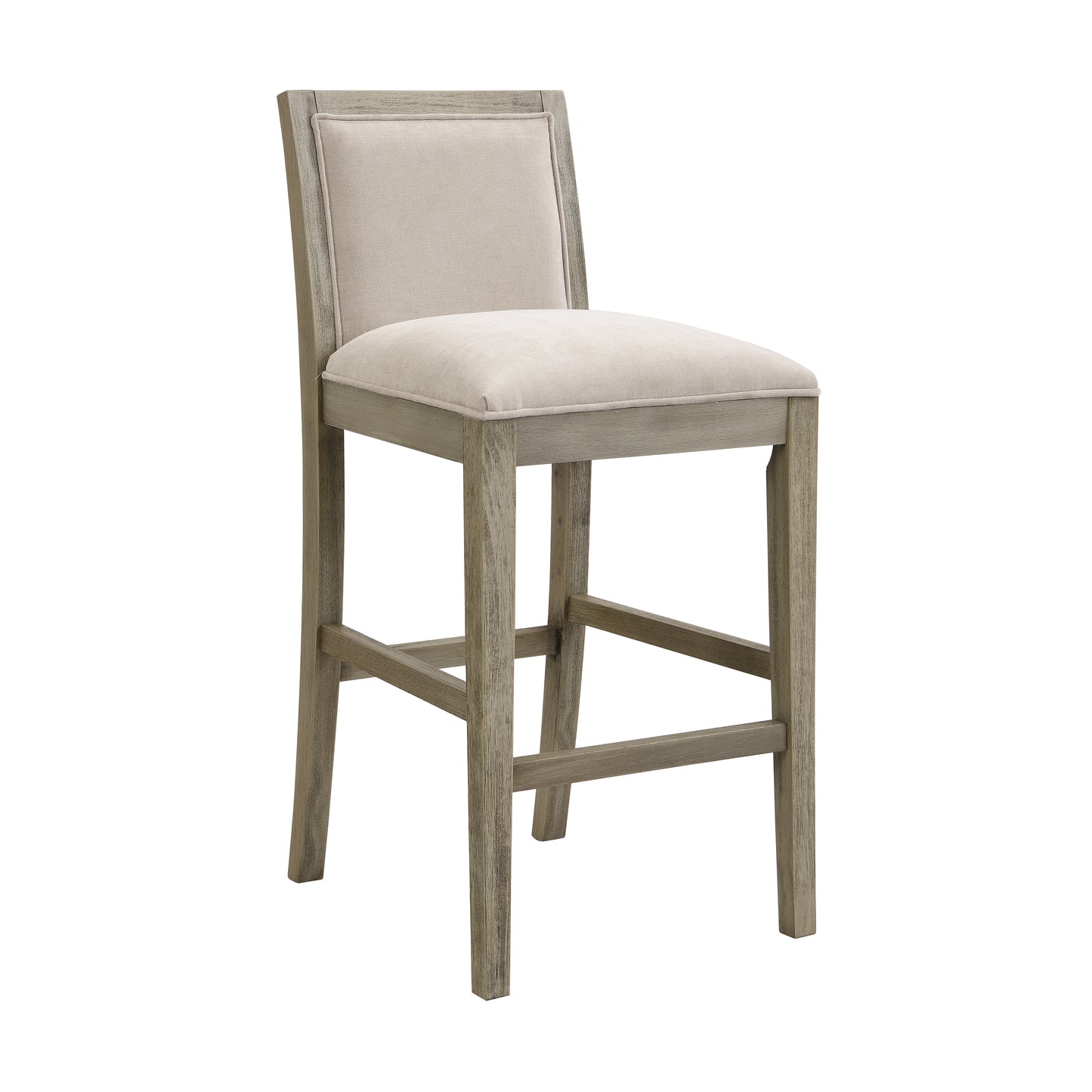 Light grey upholstered bar stool with distressed wood frame modern farmhouse style
