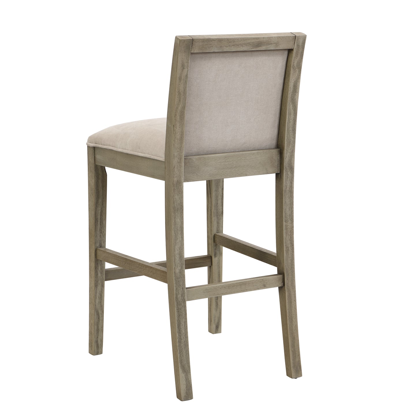 Gray washed wood bar stool with light gray fabric seat and back