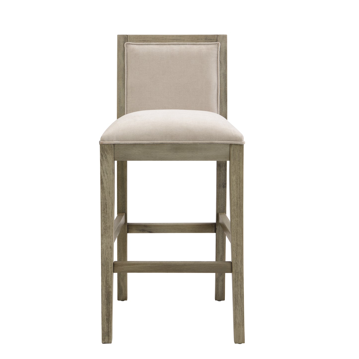 Rustic gray wooden bar stool with beige upholstered seat and back