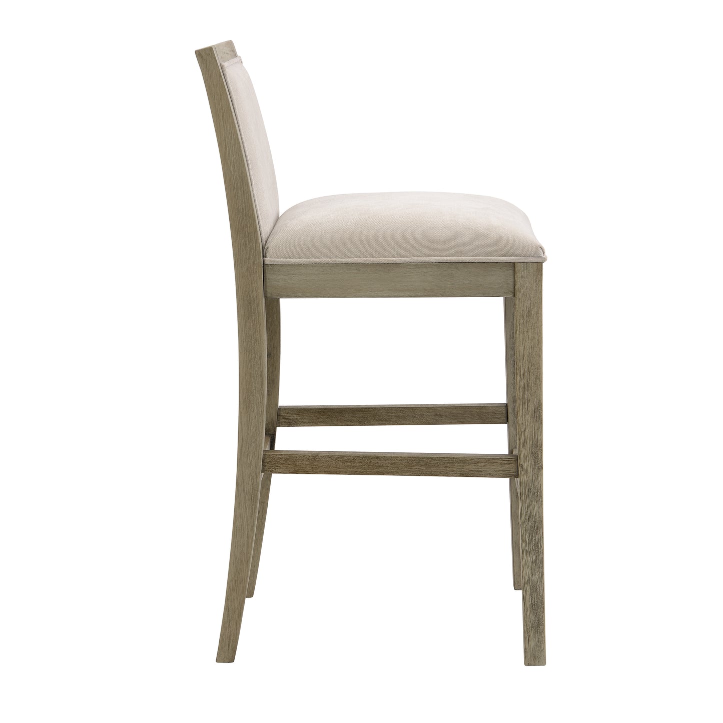 Neutral upholstered back and seat on a grey washed wood bar stool with footrest