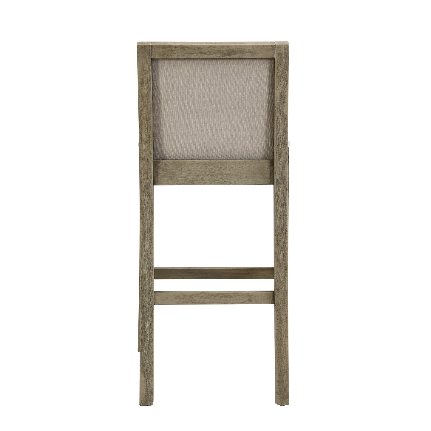 Weathered gray wood bar stool with light gray upholstered backrest