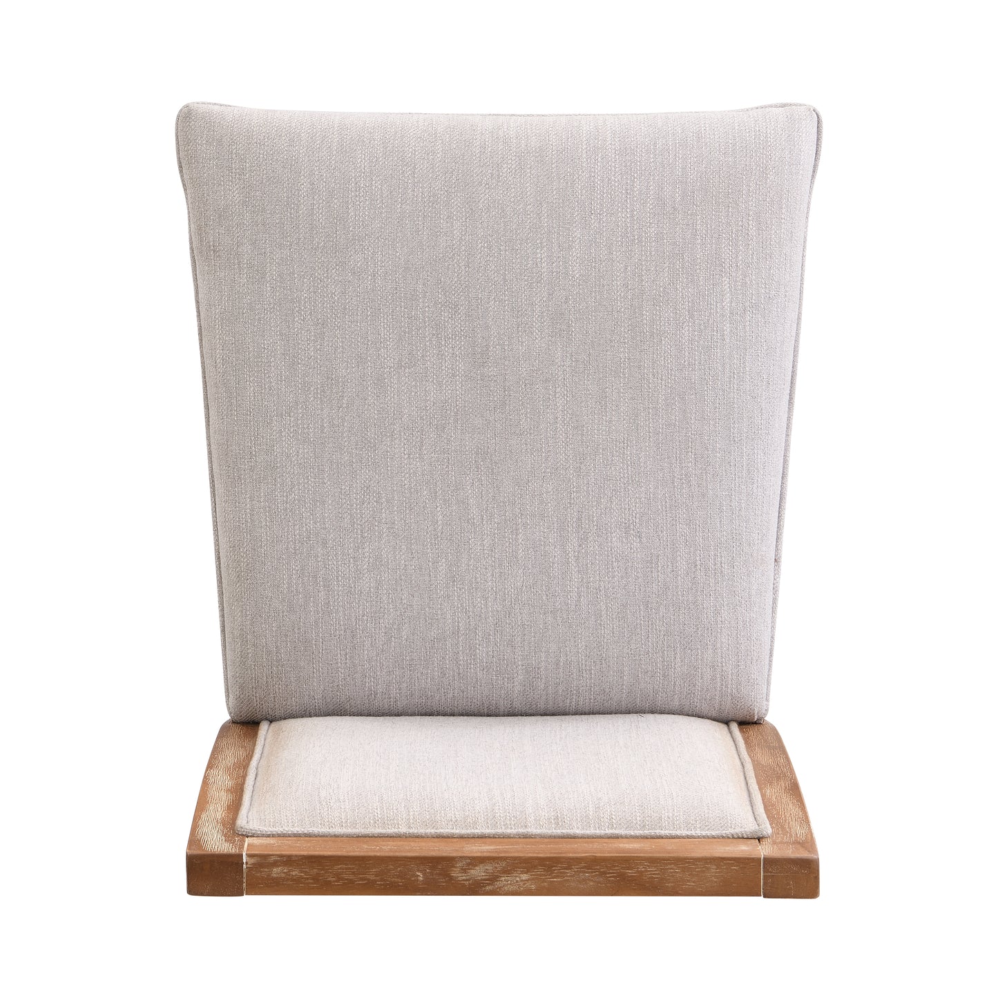 Light gray upholstered dining chair with natural wood base and seat trim
