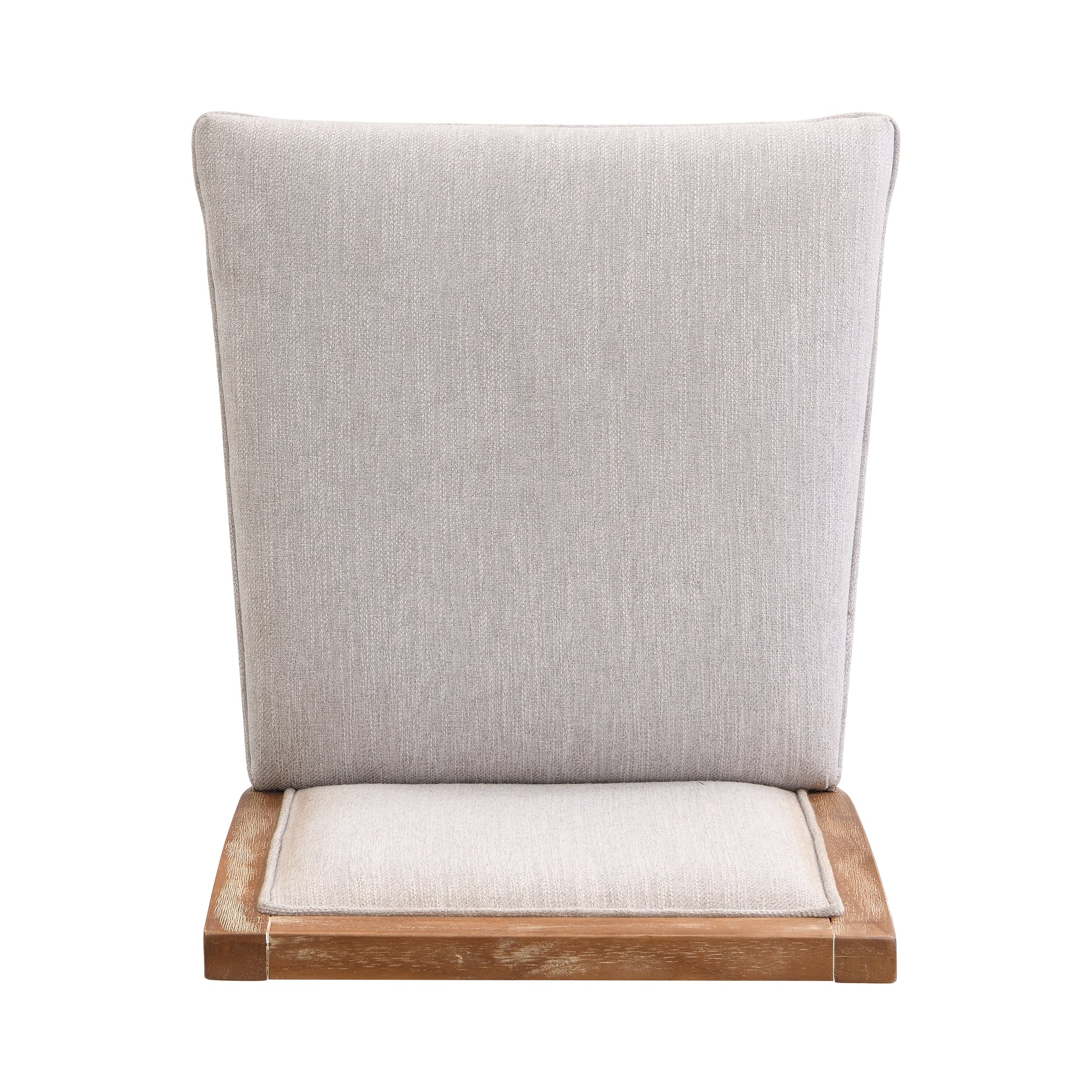 Light gray upholstered dining chair with natural wood base and seat trim