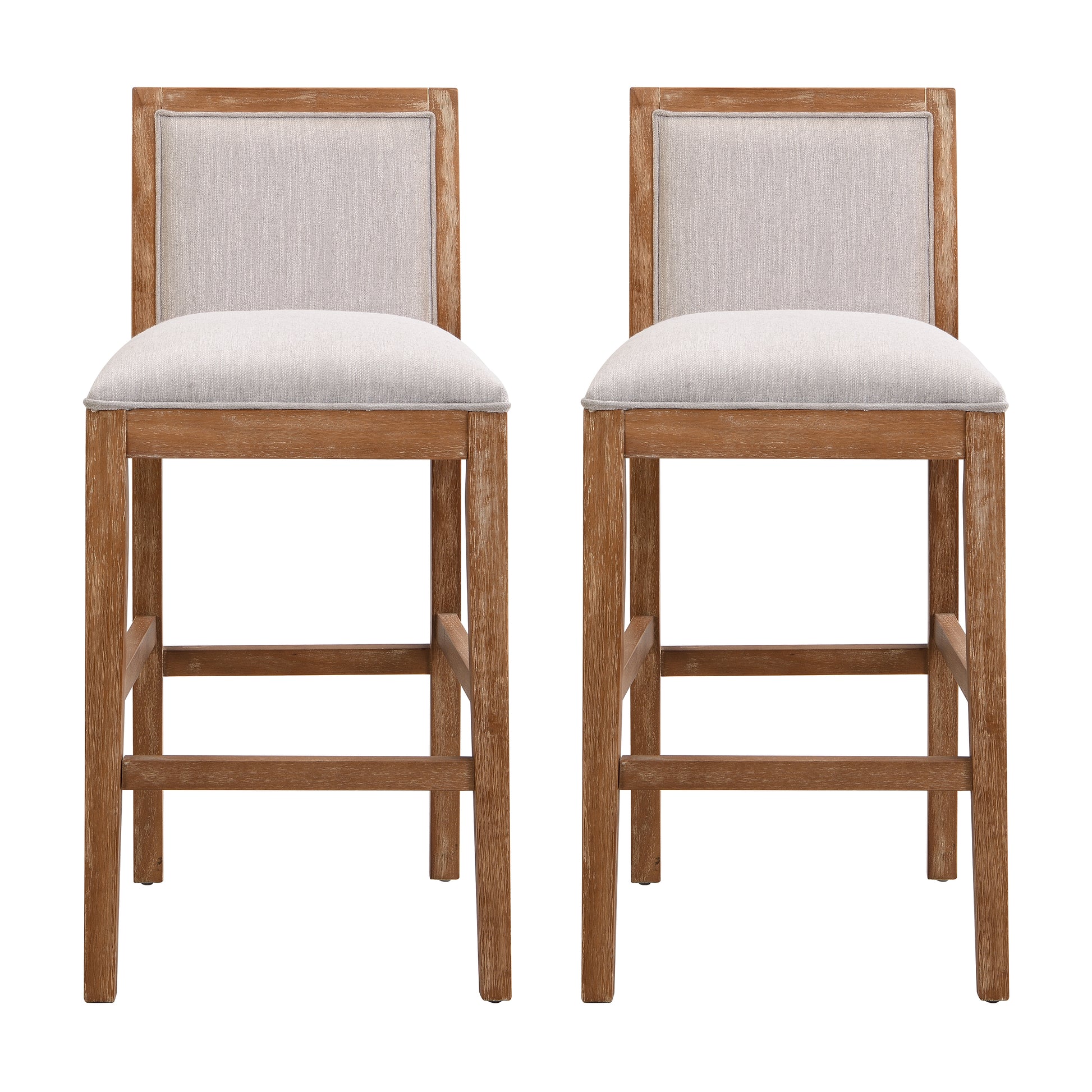 Two natural wood counter stools with light grey linen upholstered seats and backs