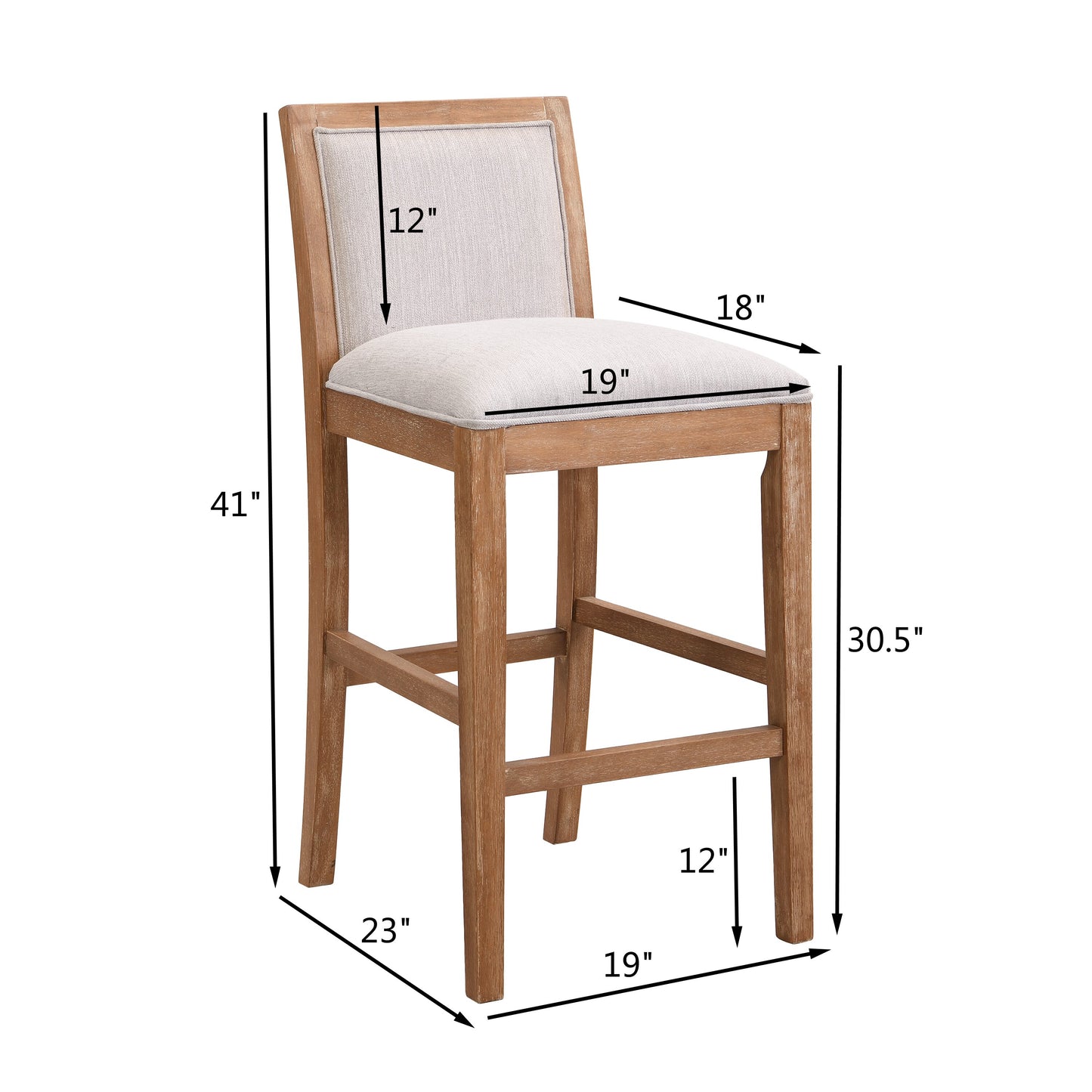 Light beige upholstered wood bar stool with rustic finish and dimensions shown