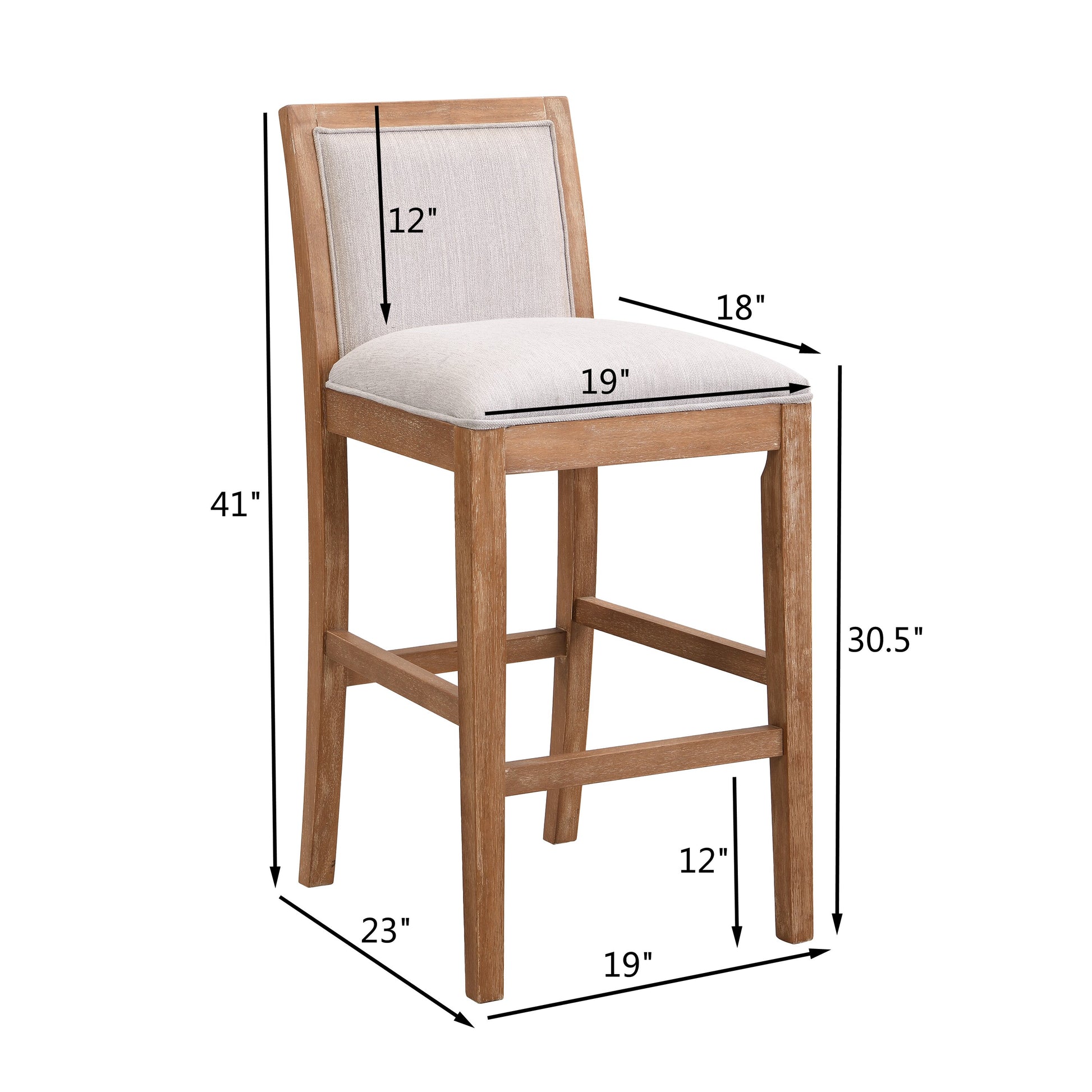 Light beige upholstered wood bar stool with rustic finish and dimensions shown