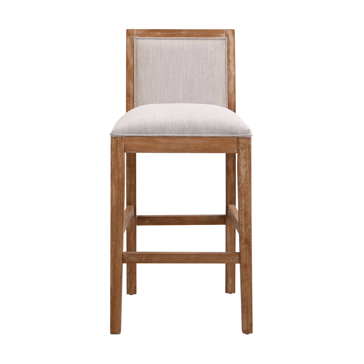 Natural wood frame and light gray upholstered seat bar stool for kitchens and bars
