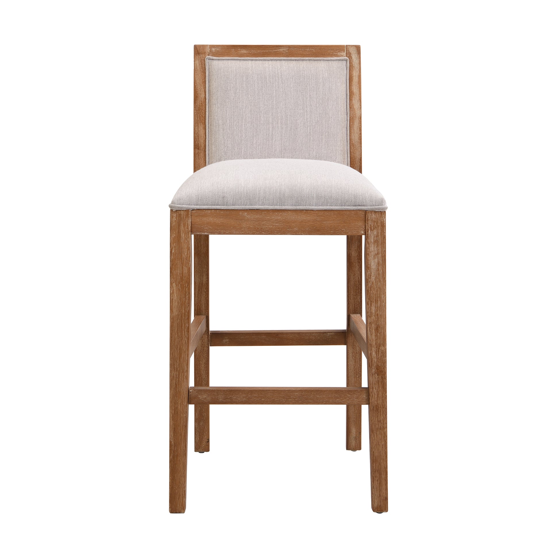 Natural wood frame and light gray upholstered seat bar stool for kitchens and bars