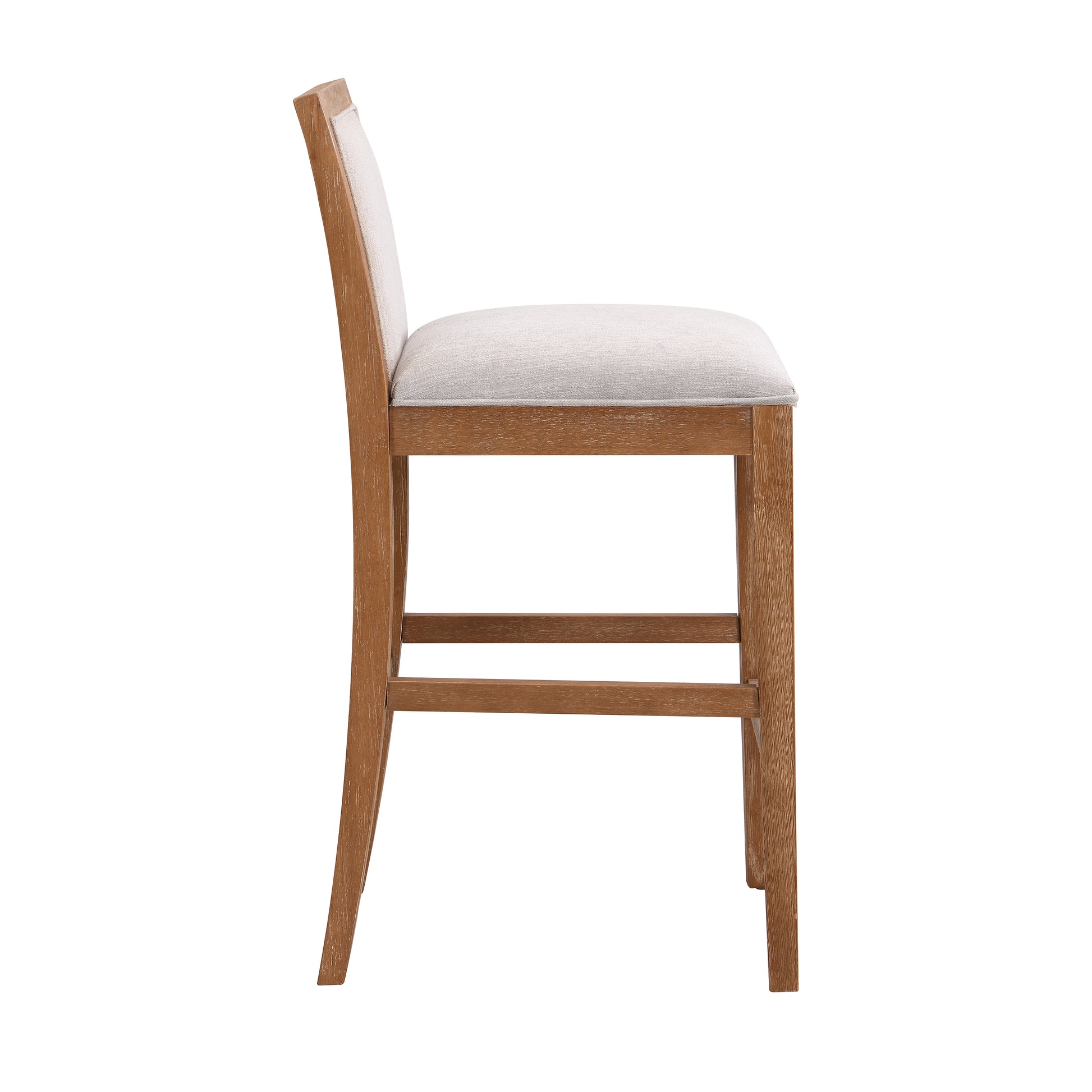 Wooden bar stool with light grey upholstered seat and back side view