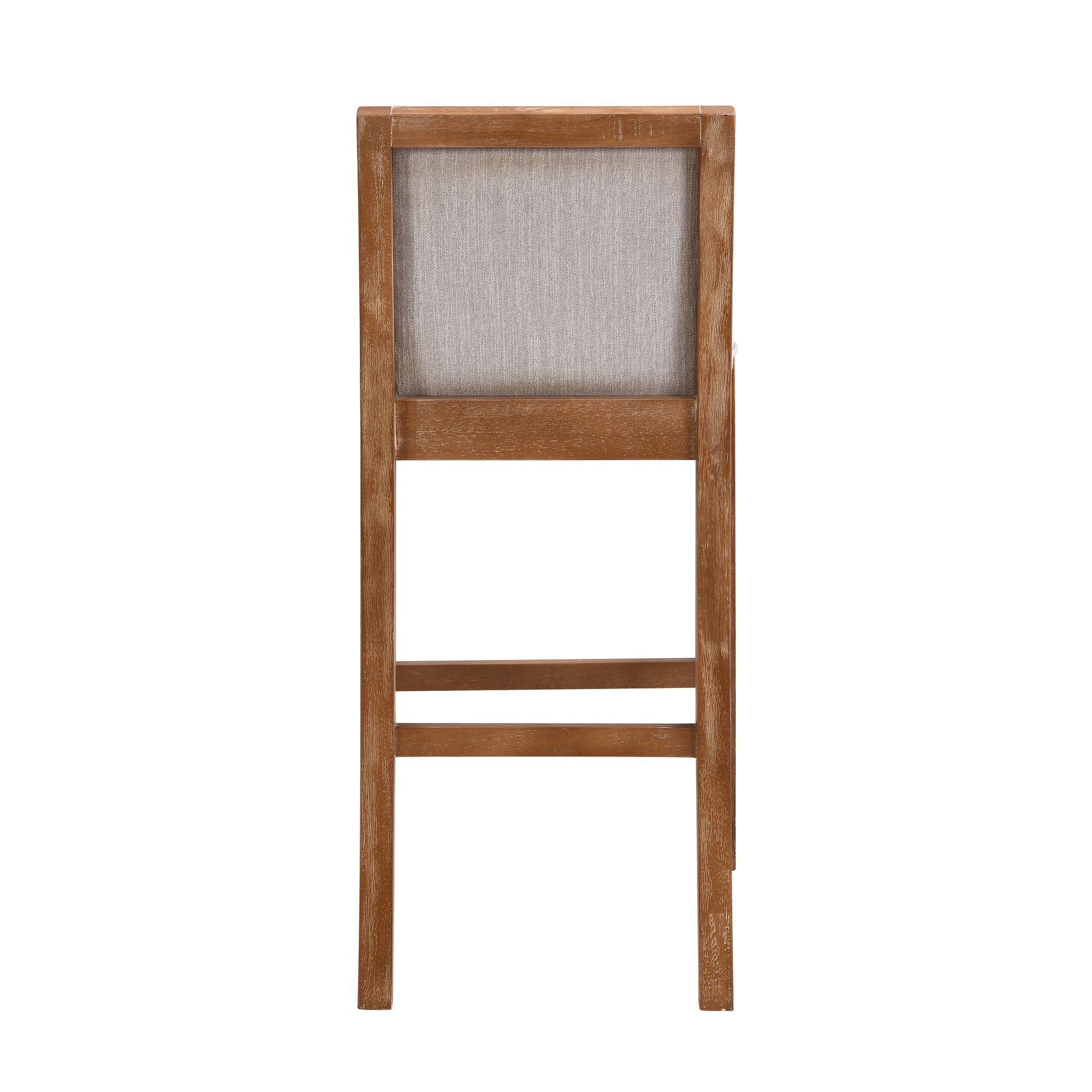 Back view of a distressed wooden bar stool with a grey linen seat perfect for a rustic kitchen island
