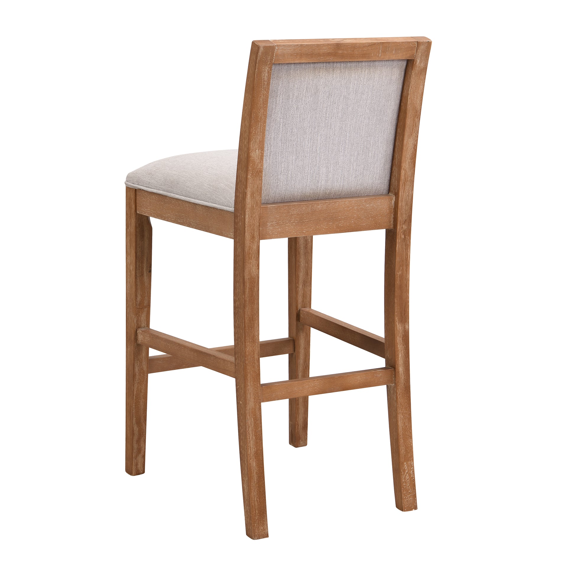 Rustic brown wooden bar stool with light gray fabric seat and back