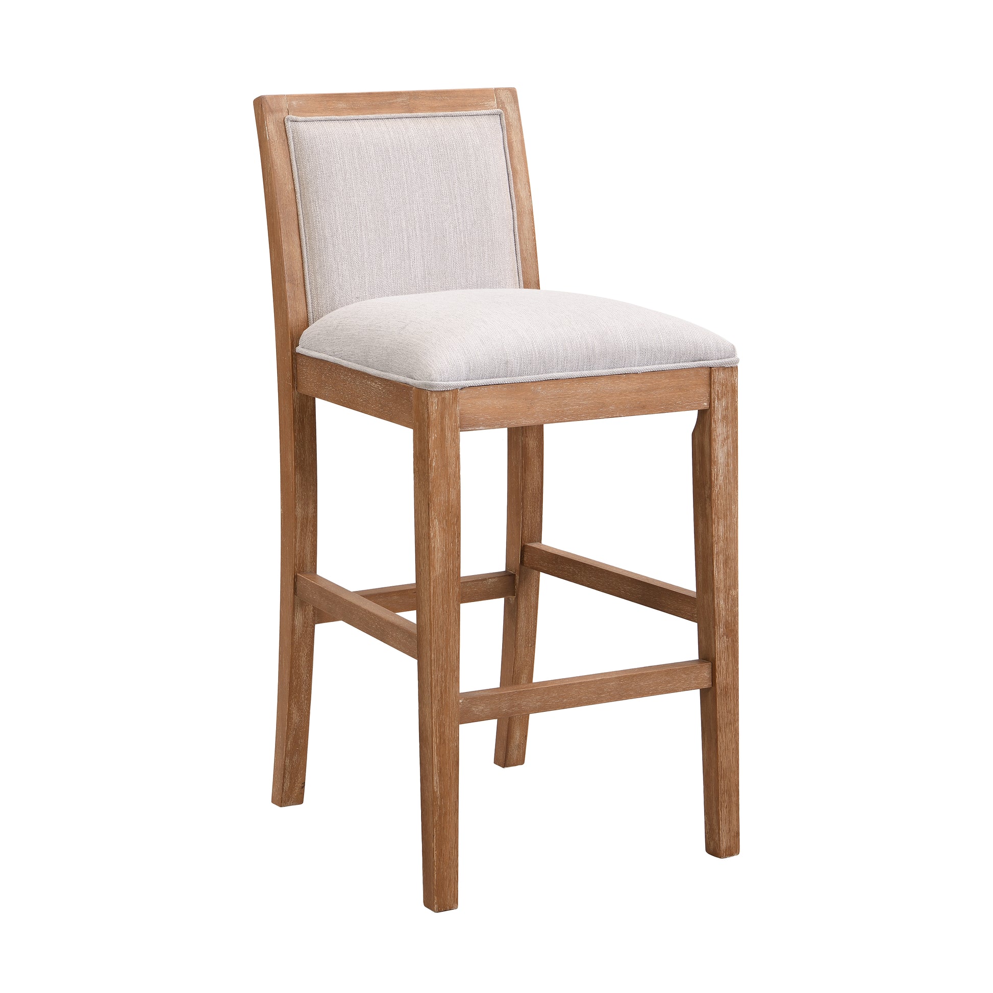 Natural wood bar stool with light grey upholstered seat and back