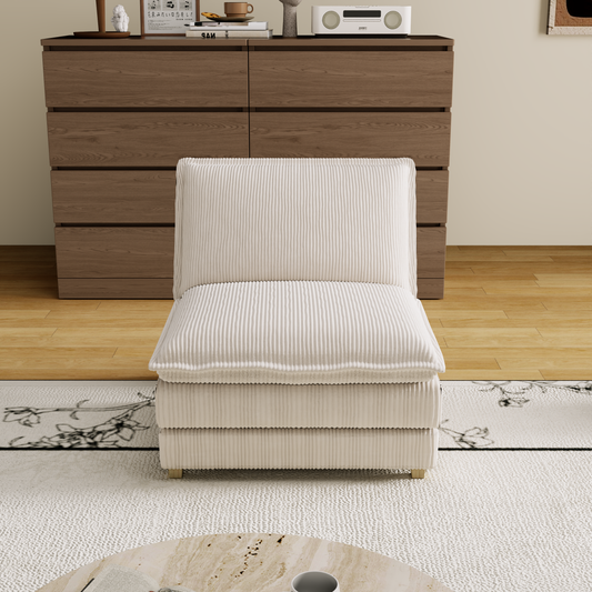 Cream corduroy accent chair with channel tufting and minimalist design