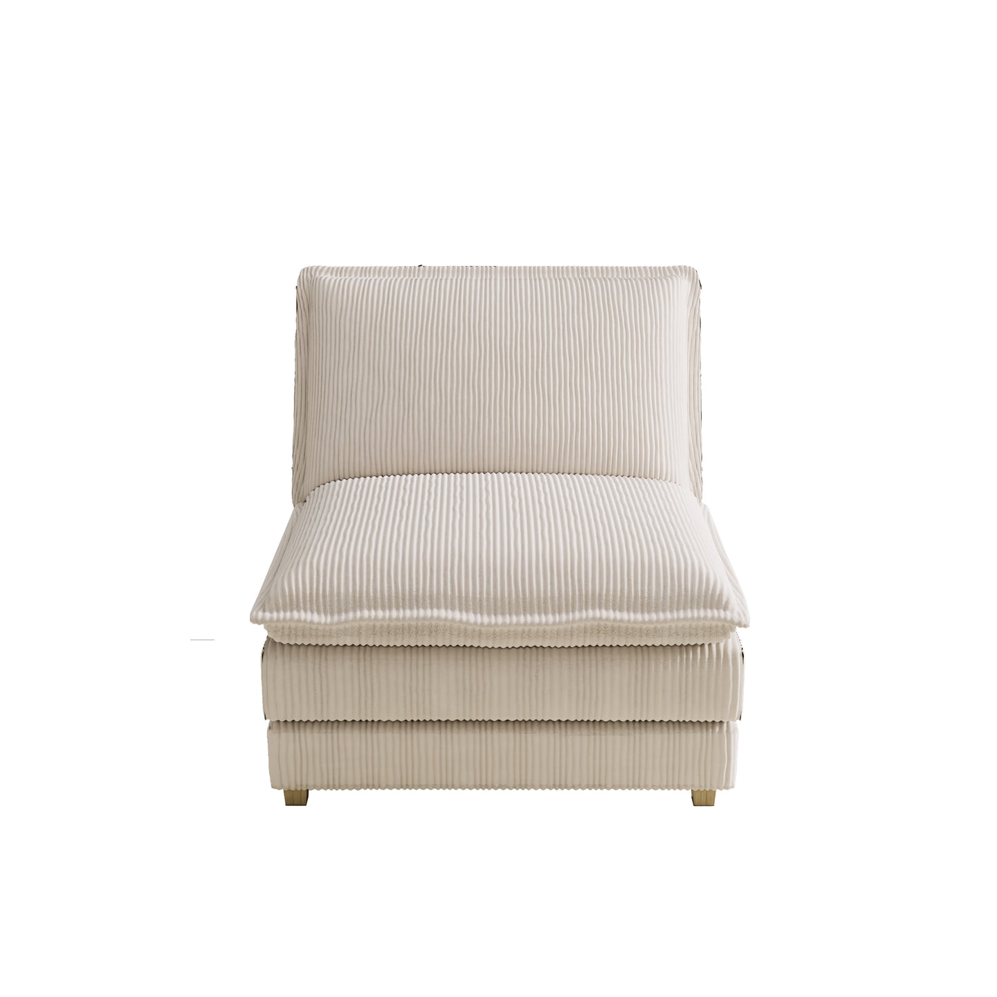 Plush beige corduroy armchair with vertical ribbing and modern design