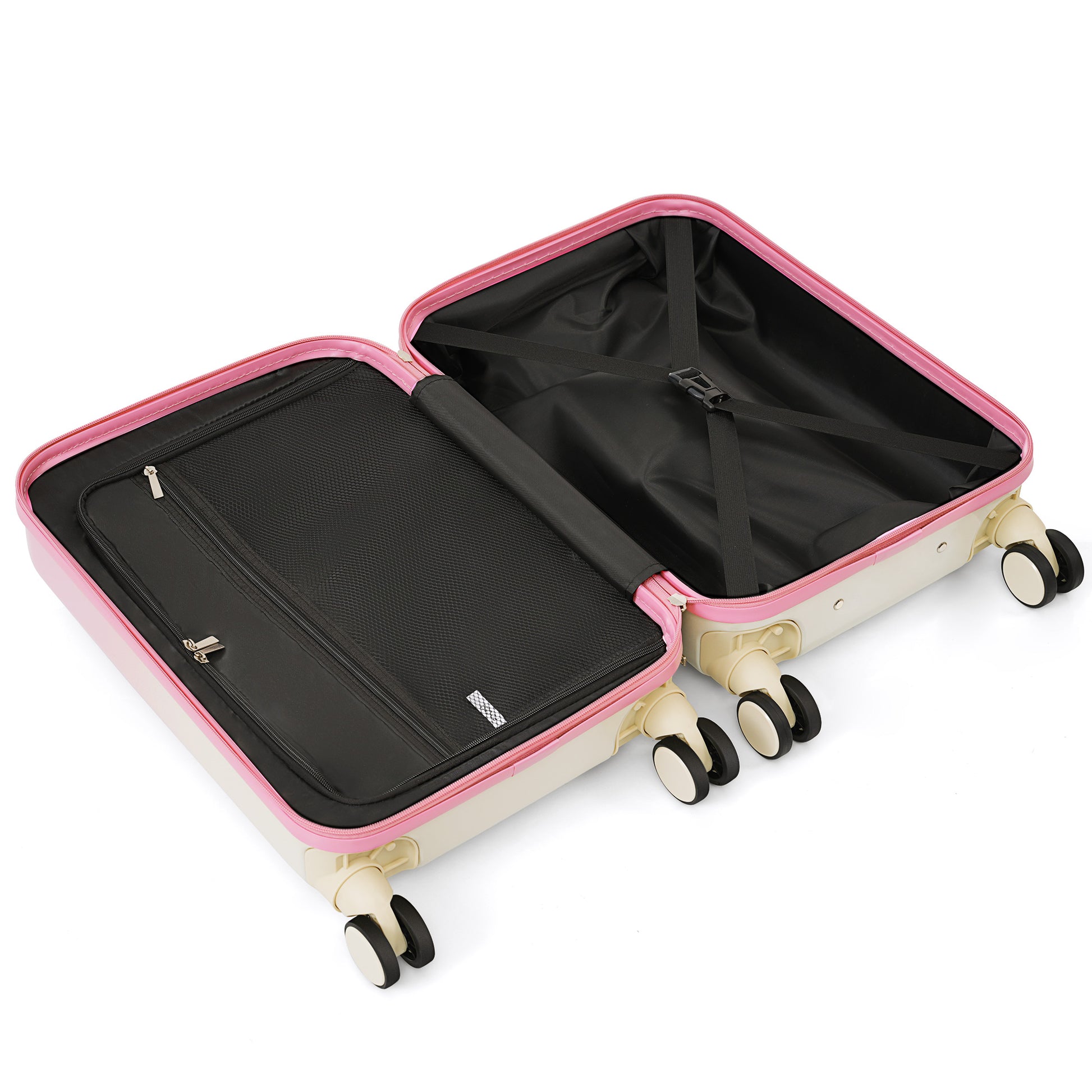 Open cream and pink hardshell spinner suitcase with black interior and mesh pocket