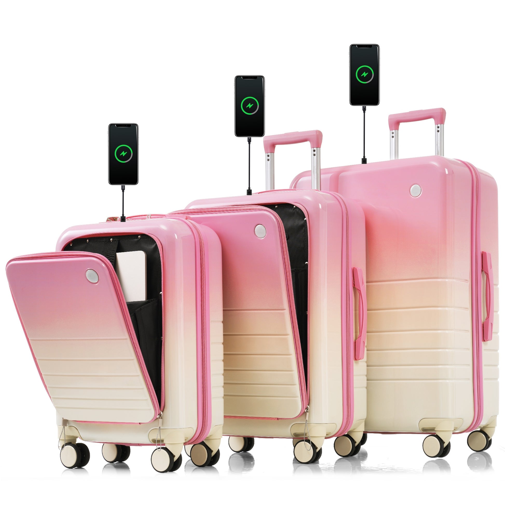 Set of three pink and cream gradient hardshell suitcases with builtin phone chargers