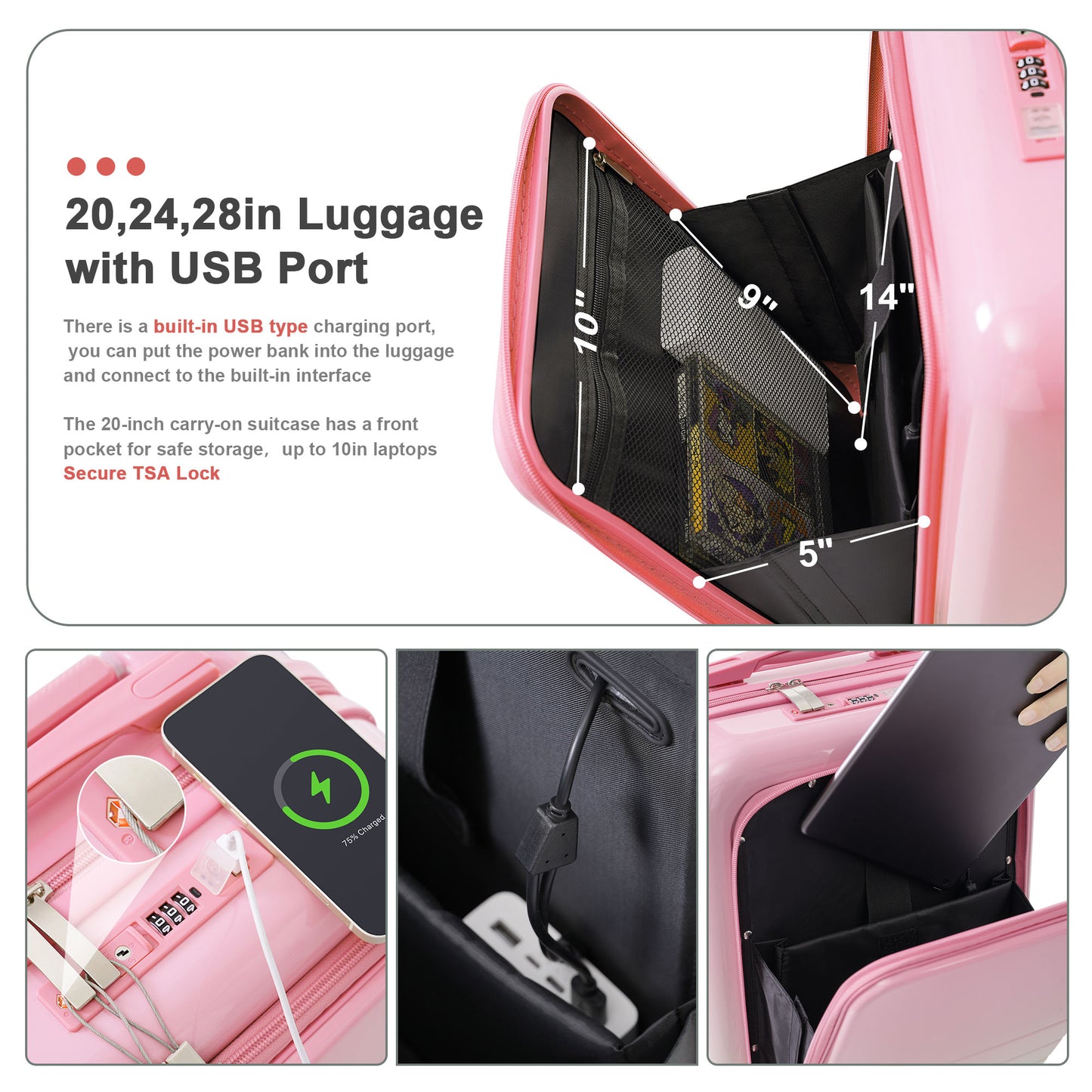 Pink hardshell inch carryon luggage with builtin USB port for charging devices