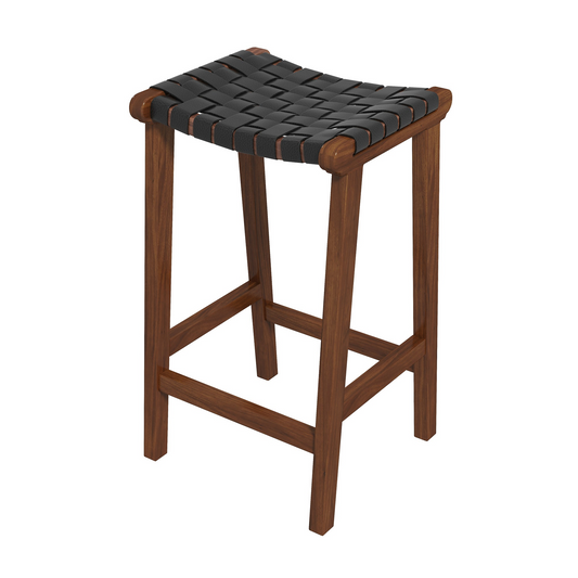 Dark brown wooden bar stool with woven black leather seat and sturdy legs