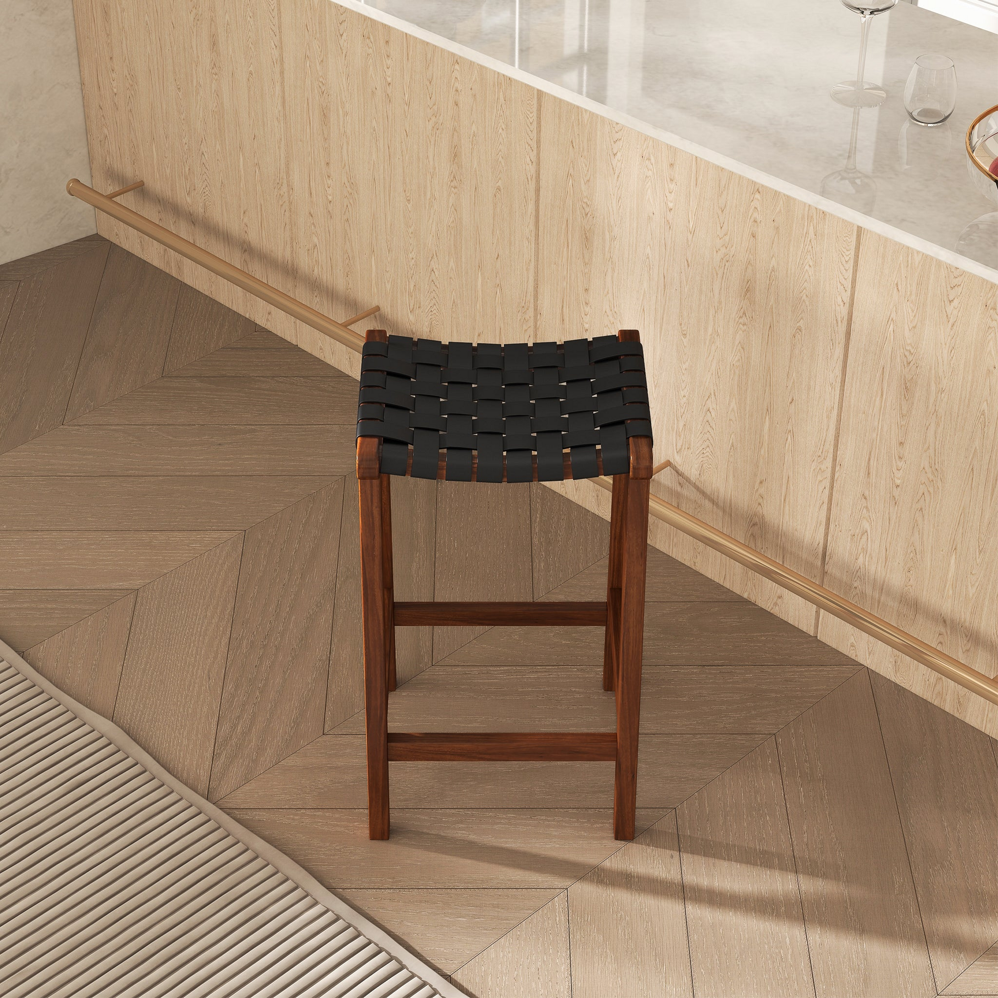 Black woven leather seat bar stool with dark wood frame