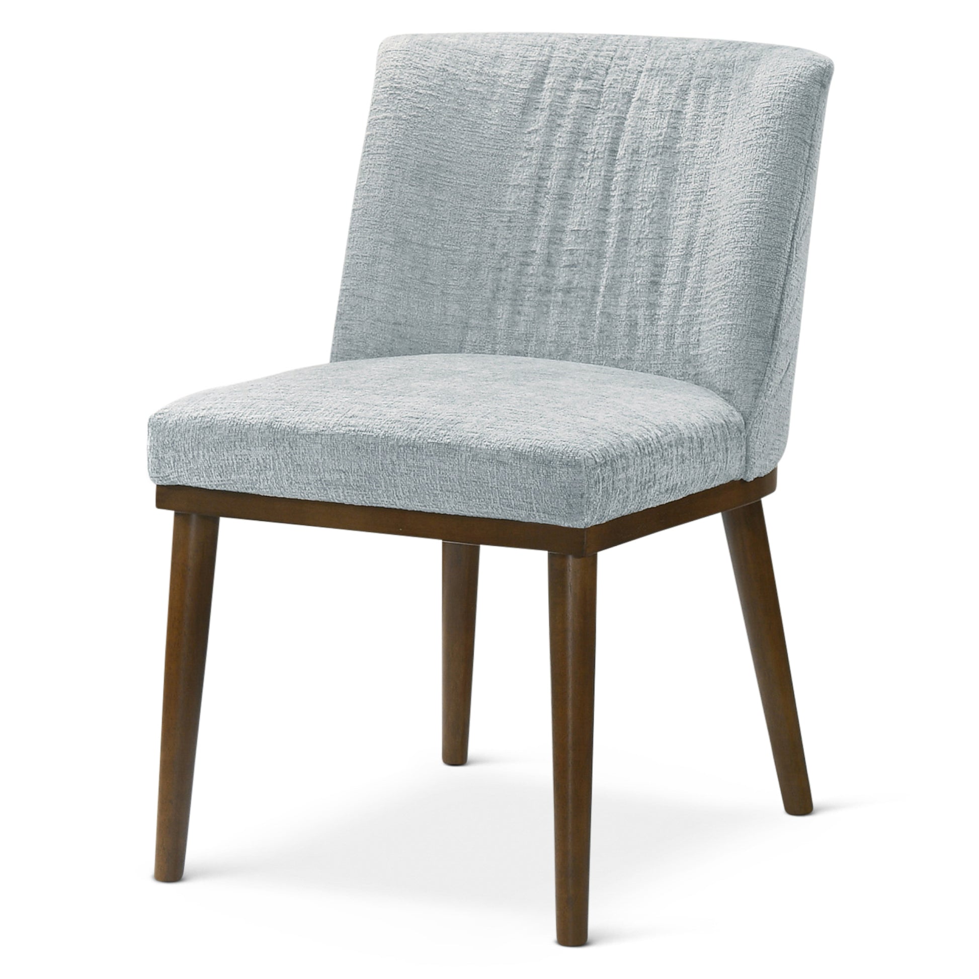 Light blue textured upholstered dining chair with dark wooden legs