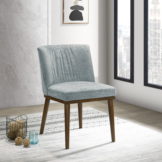 Light blue textured fabric accent chair with tapered walnut legs ideal for modern dining