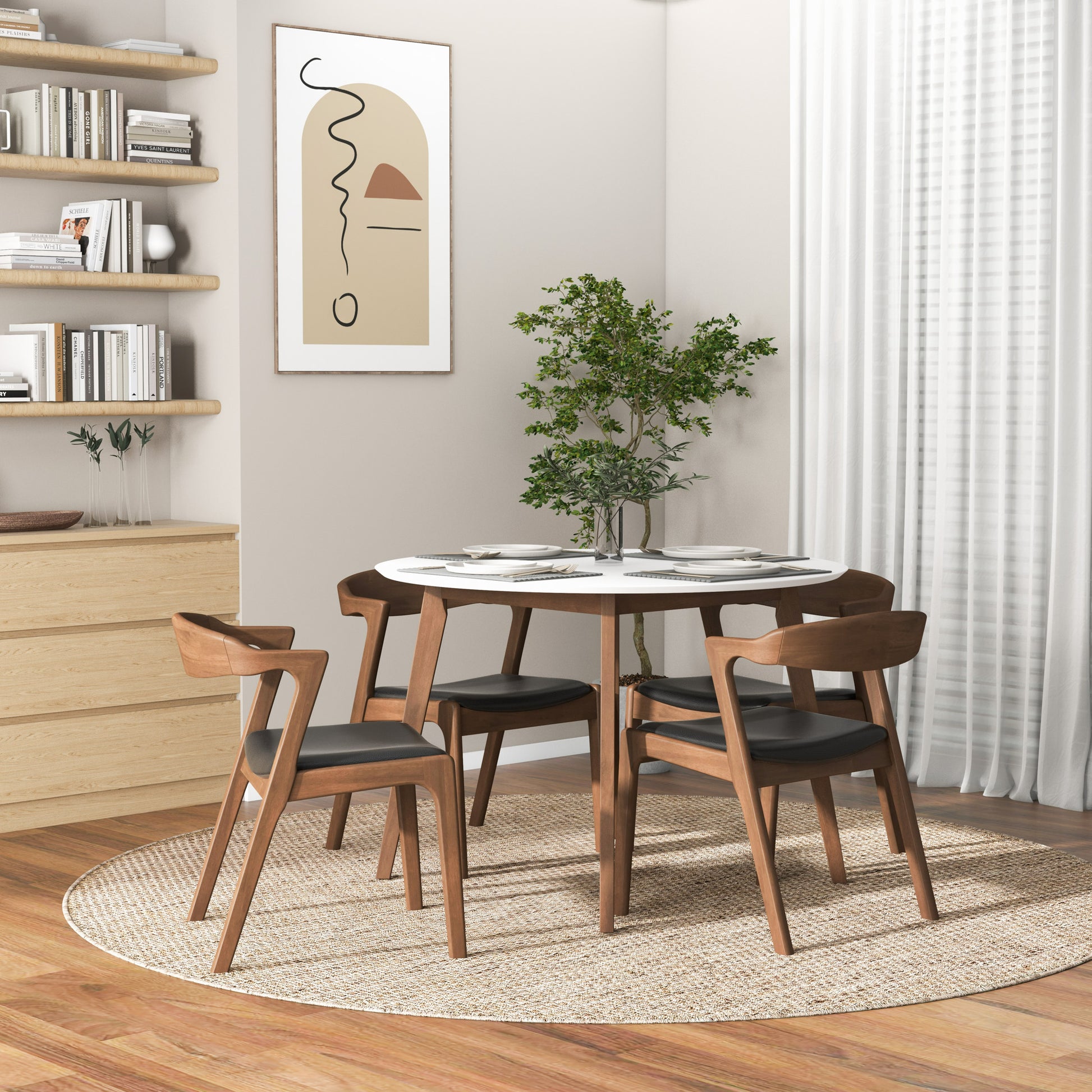 Walnut wood dining chairs with black faux leather seats set of four