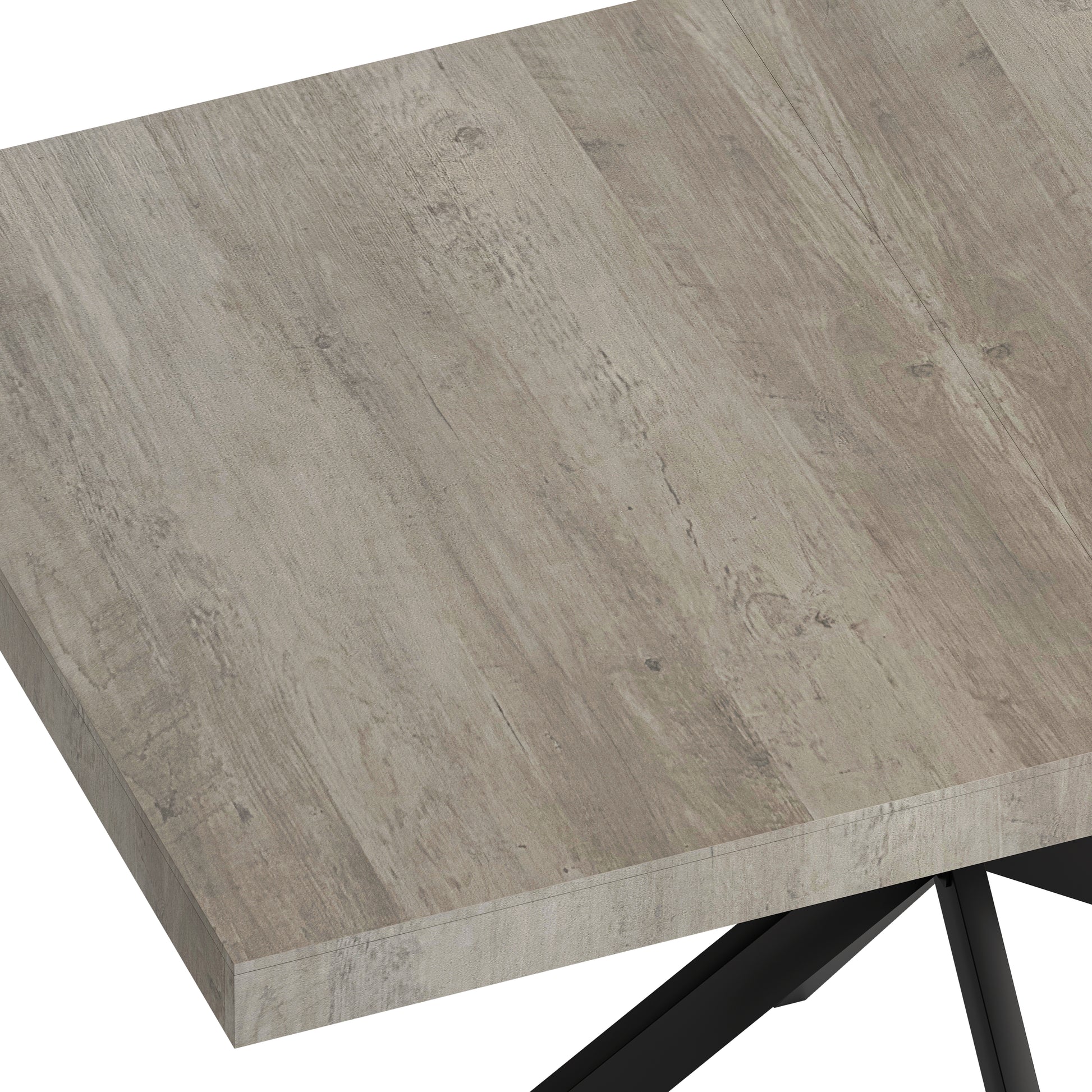 Rustic wood finish table top with a weathered grey tone and textured grain detail